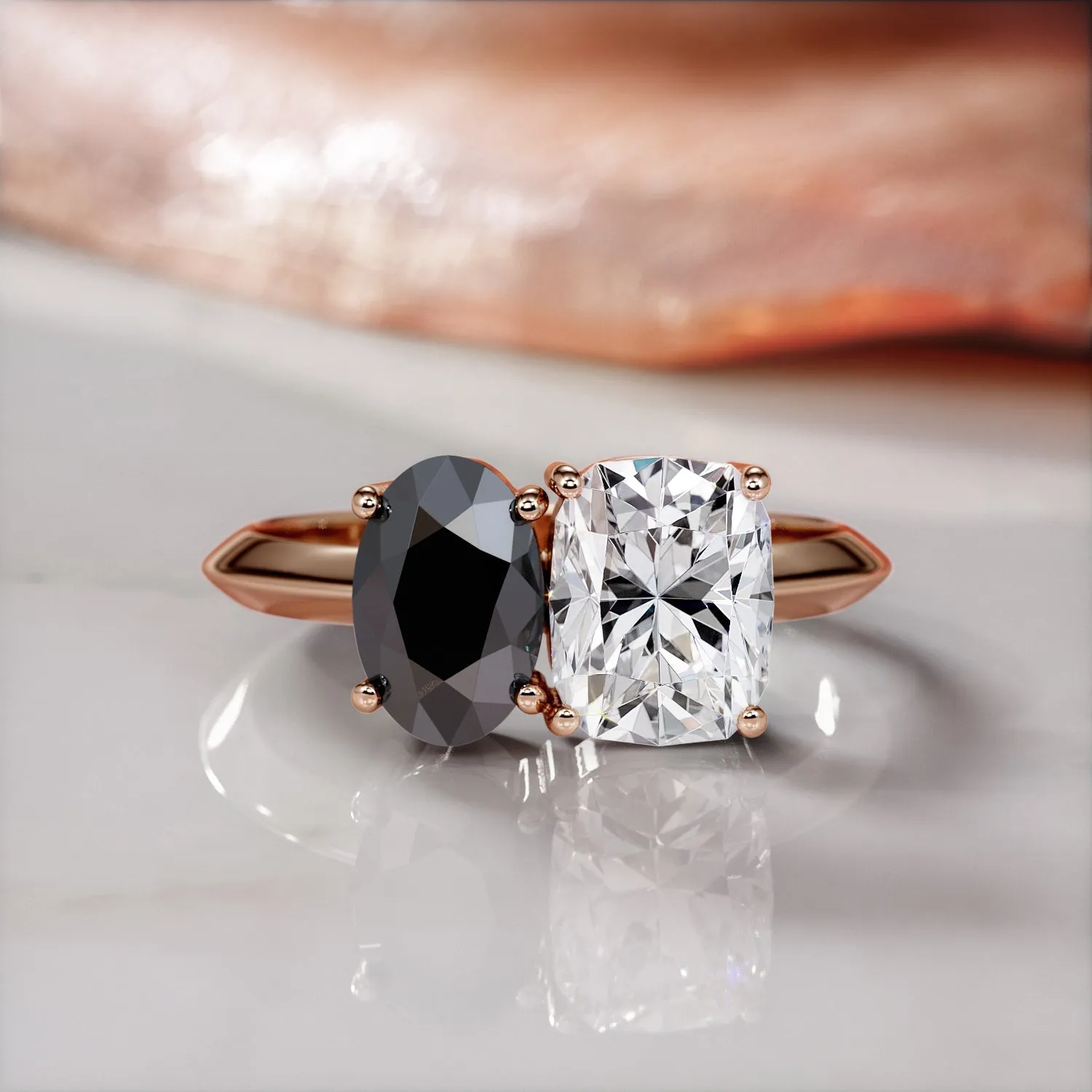 Mars'S Moons -   Two Stone  Natural Black Diamond Oval Engagement Ring  in Rose Gold