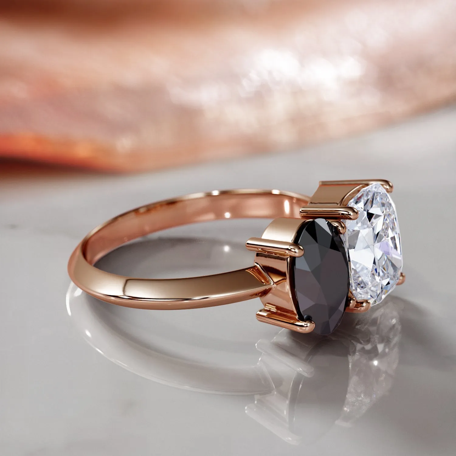 Mars'S Moons -   Two Stone  Natural Black Diamond Oval Engagement Ring  in Rose Gold