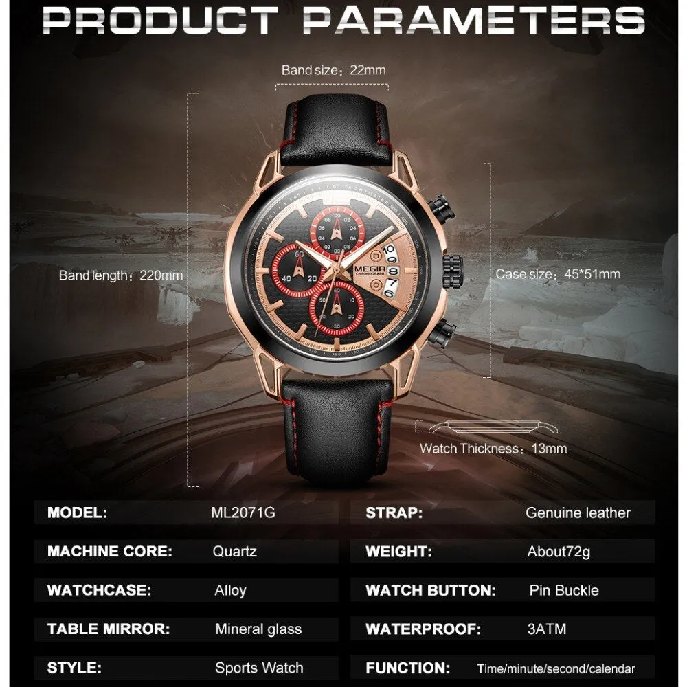 MEGIR Men Watches Waterproof Sport Chronograph Quartz Wrist Watch Relogio Masculino Top Brand Luxury Leather Watches Man Clock
