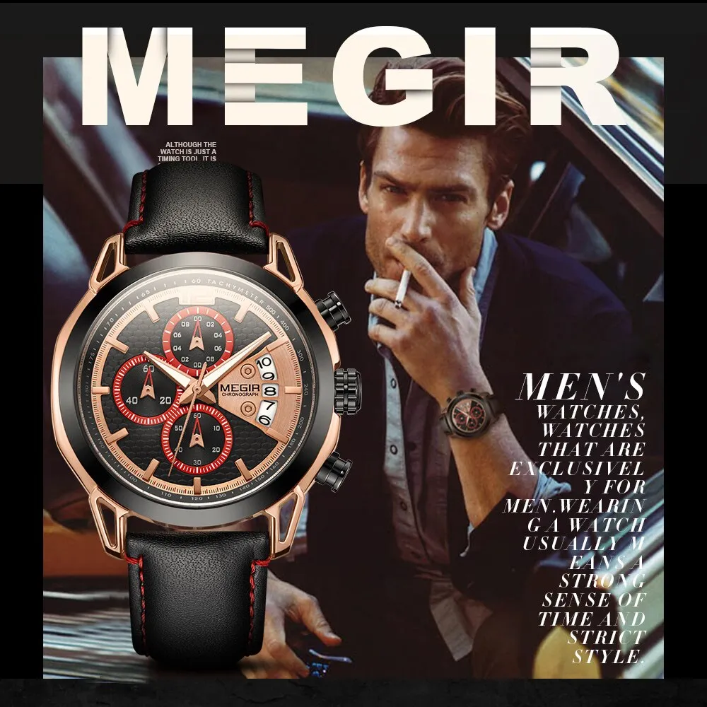 MEGIR Men Watches Waterproof Sport Chronograph Quartz Wrist Watch Relogio Masculino Top Brand Luxury Leather Watches Man Clock