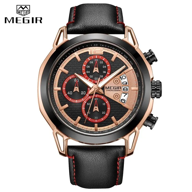 MEGIR Men Watches Waterproof Sport Chronograph Quartz Wrist Watch Relogio Masculino Top Brand Luxury Leather Watches Man Clock