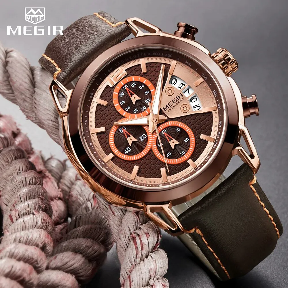 MEGIR Men Watches Waterproof Sport Chronograph Quartz Wrist Watch Relogio Masculino Top Brand Luxury Leather Watches Man Clock