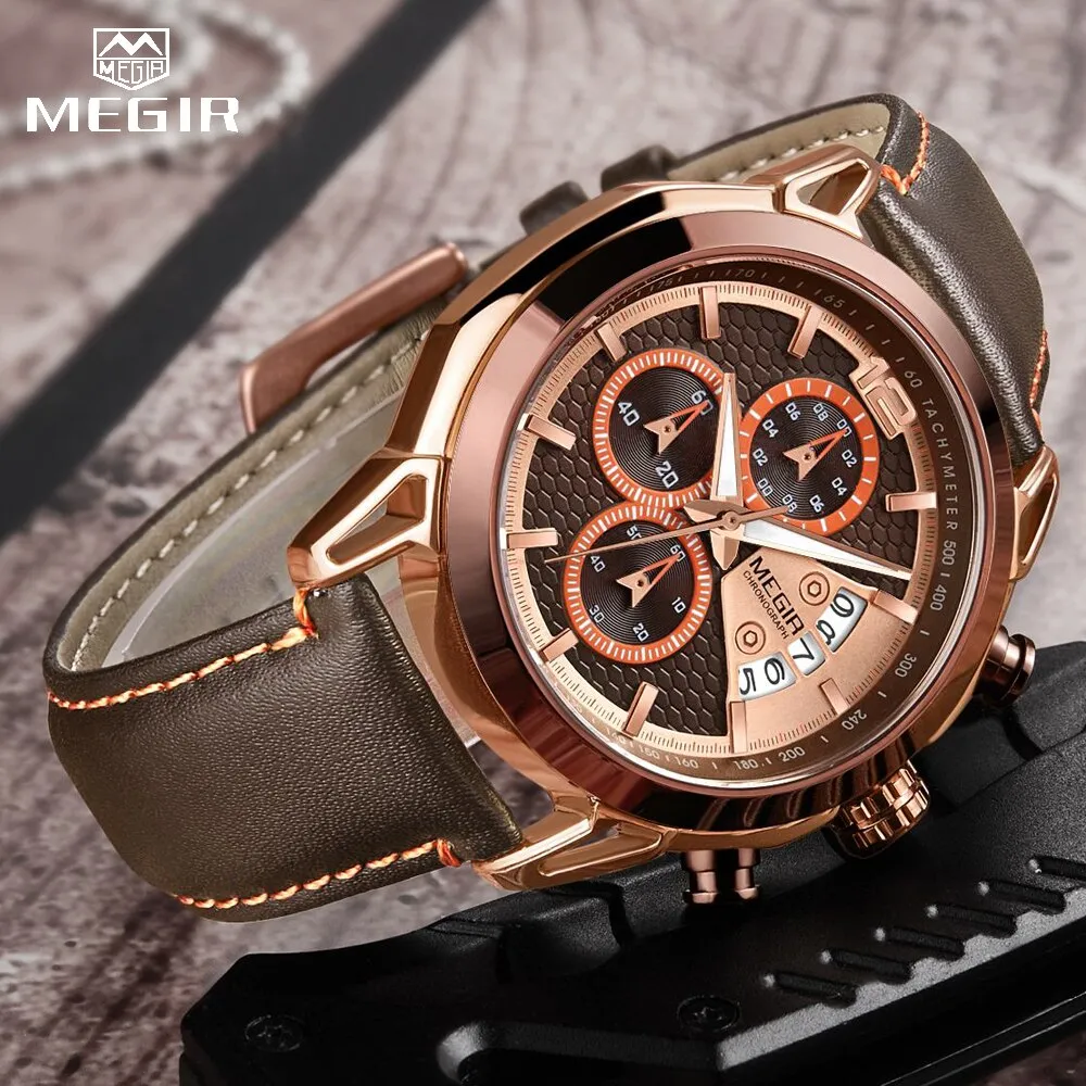 MEGIR Men Watches Waterproof Sport Chronograph Quartz Wrist Watch Relogio Masculino Top Brand Luxury Leather Watches Man Clock
