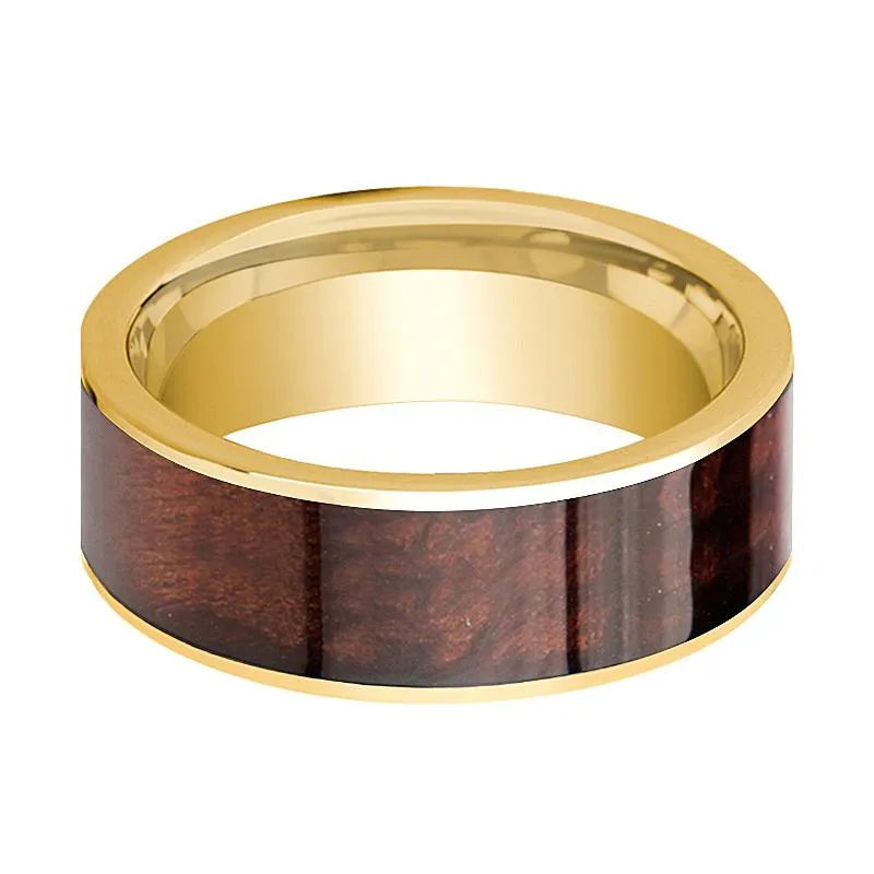 Men's Flat 14k Yellow Gold Wedding Band with Red Wood Inlay Polished Finish - 8MM