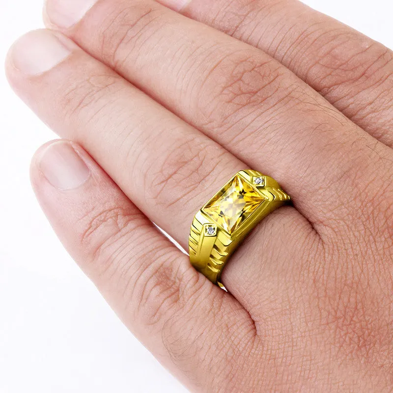 Men's Ring with Citrine Gemstone and Diamonds in 14k Yellow Gold