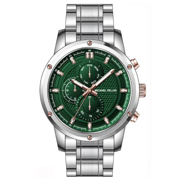 Michael Fellini Silver Stainless Steel Green Dial Chronograph Quartz Watch for Gents - MF-2348-03