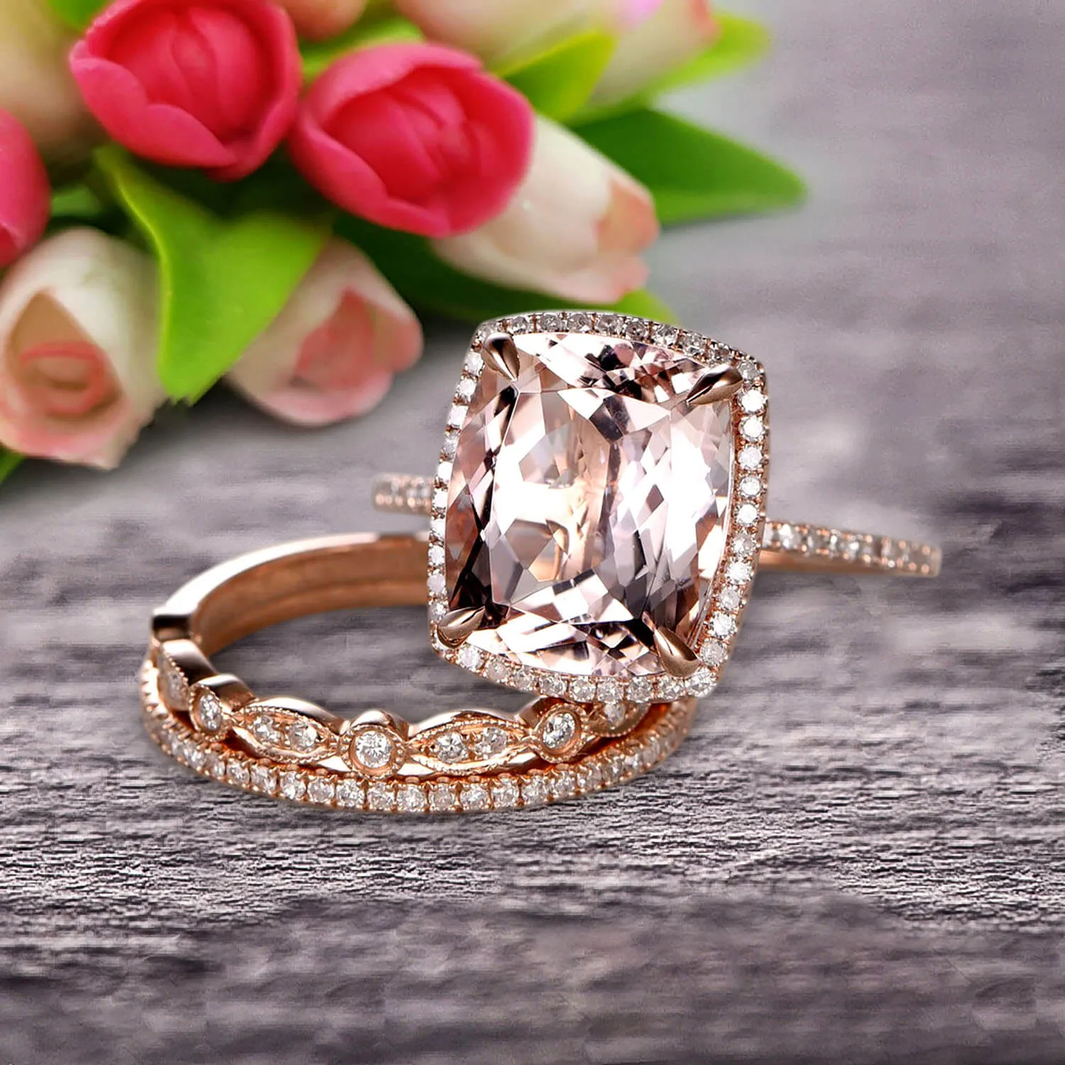 Milgrain Art Deco 2 Carat Cushion Cut Gemstone Morganite Trio Set Wedding Ring Engagement Ring On 10k Rose Gold Anniversary Ring Surprisingly Ring