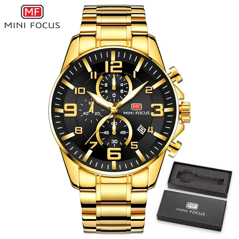 MINI FOCUS Golden Quartz Luminous Watch Fashion Sport Stainless Steel Watches 3ATM Waterproof Wristwatch Chronograph Watches