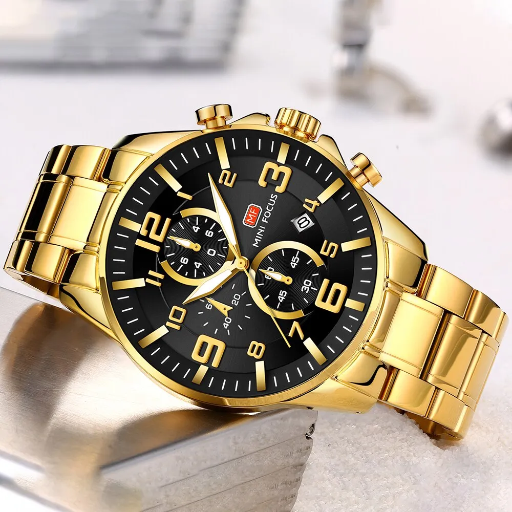 MINI FOCUS Golden Quartz Luminous Watch Fashion Sport Stainless Steel Watches 3ATM Waterproof Wristwatch Chronograph Watches