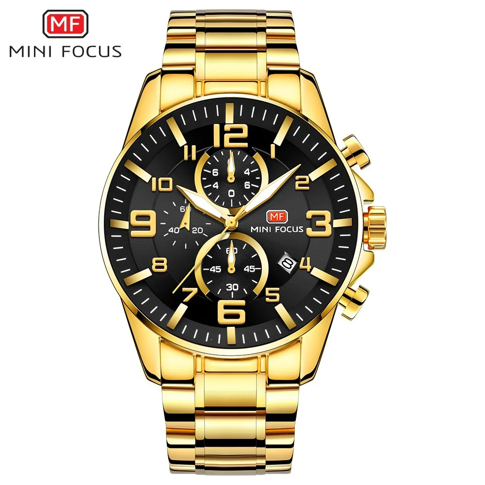 MINI FOCUS Golden Quartz Luminous Watch Fashion Sport Stainless Steel Watches 3ATM Waterproof Wristwatch Chronograph Watches