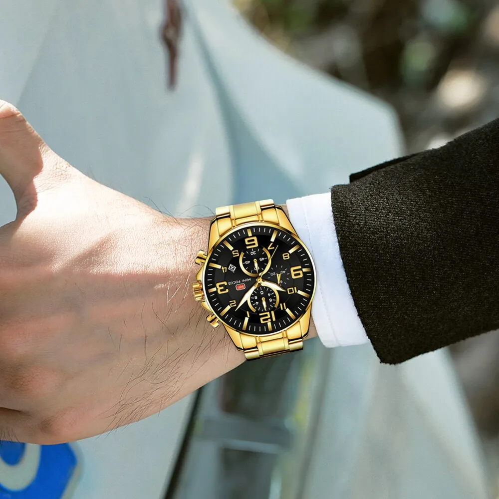 MINI FOCUS Golden Quartz Luminous Watch Fashion Sport Stainless Steel Watches 3ATM Waterproof Wristwatch Chronograph Watches