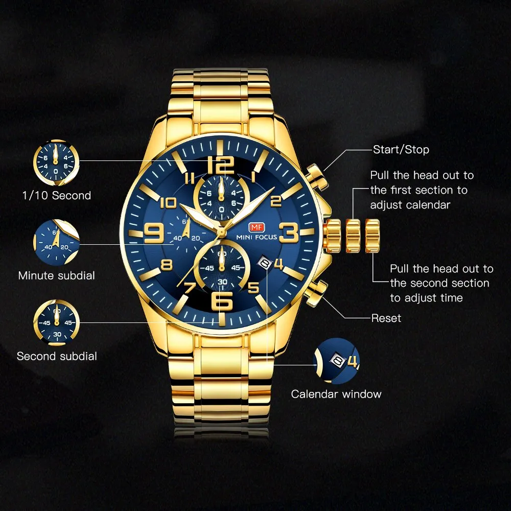 MINI FOCUS Golden Quartz Luminous Watch Fashion Sport Stainless Steel Watches 3ATM Waterproof Wristwatch Chronograph Watches
