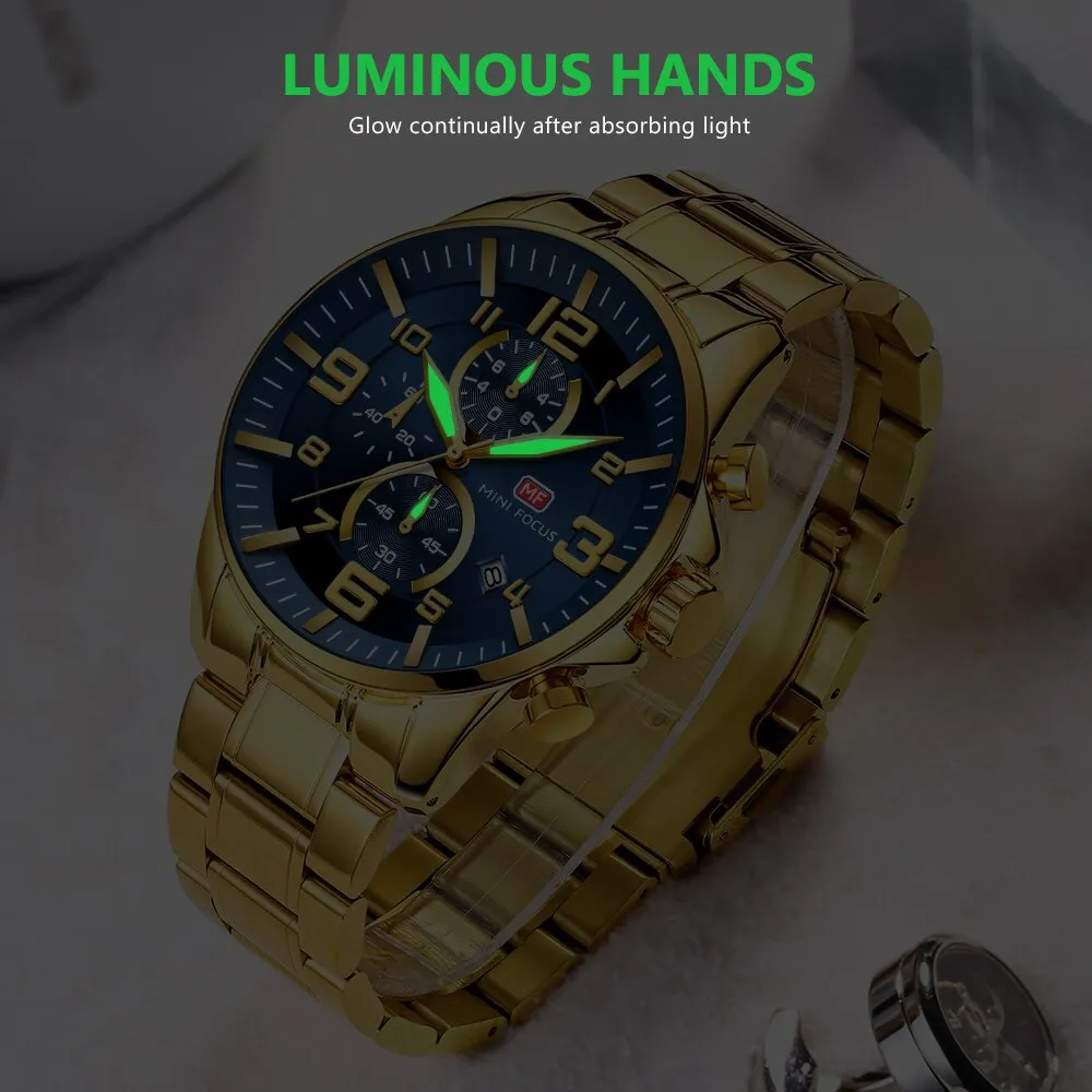 MINI FOCUS Golden Quartz Luminous Watch Fashion Sport Stainless Steel Watches 3ATM Waterproof Wristwatch Chronograph Watches