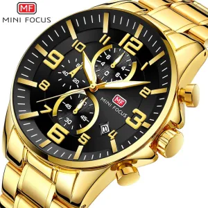 MINI FOCUS Golden Quartz Luminous Watch Fashion Sport Stainless Steel Watches 3ATM Waterproof Wristwatch Chronograph Watches