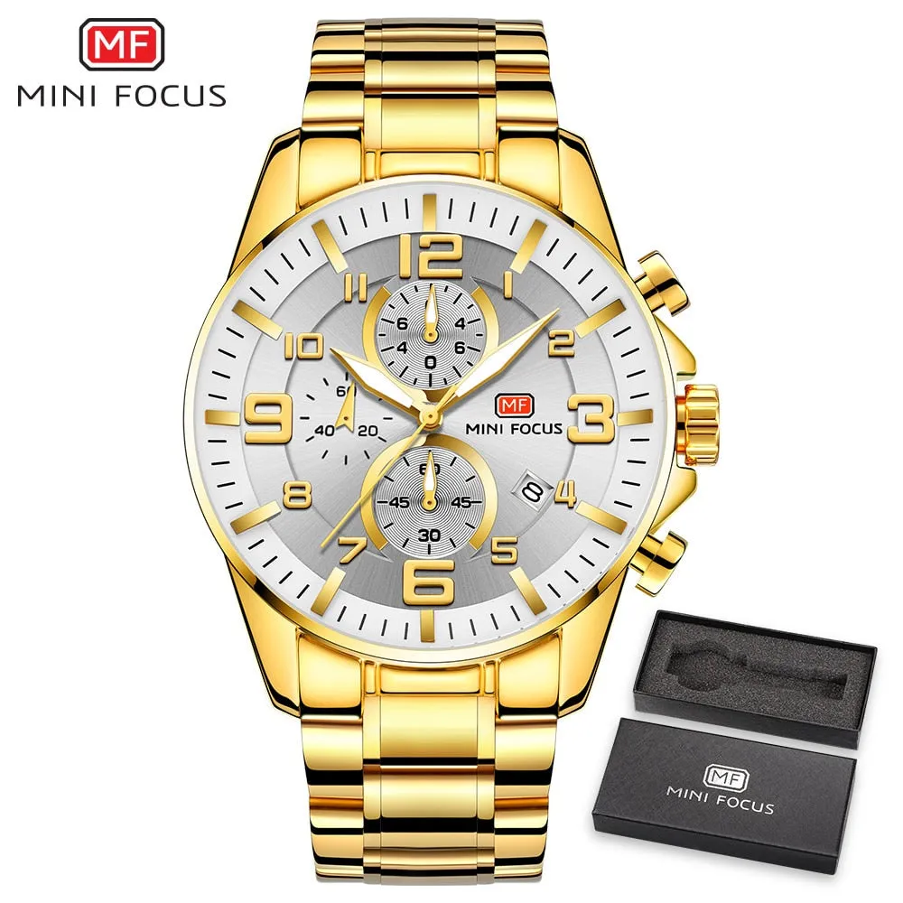 MINI FOCUS Golden Quartz Luminous Watch Fashion Sport Stainless Steel Watches 3ATM Waterproof Wristwatch Chronograph Watches