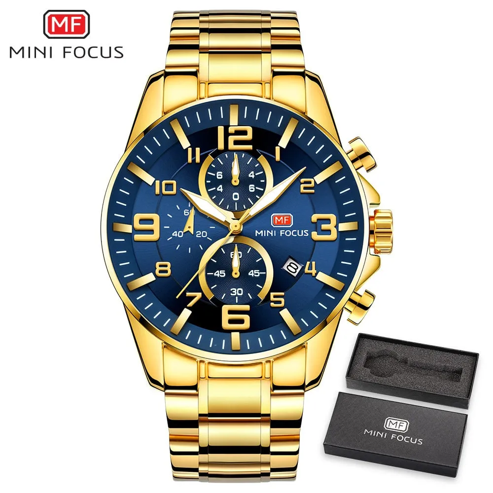 MINI FOCUS Golden Quartz Luminous Watch Fashion Sport Stainless Steel Watches 3ATM Waterproof Wristwatch Chronograph Watches