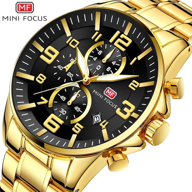 MINI FOCUS Golden Quartz Luminous Watch Fashion Sport Stainless Steel Watches 3ATM Waterproof Wristwatch Chronograph Watches