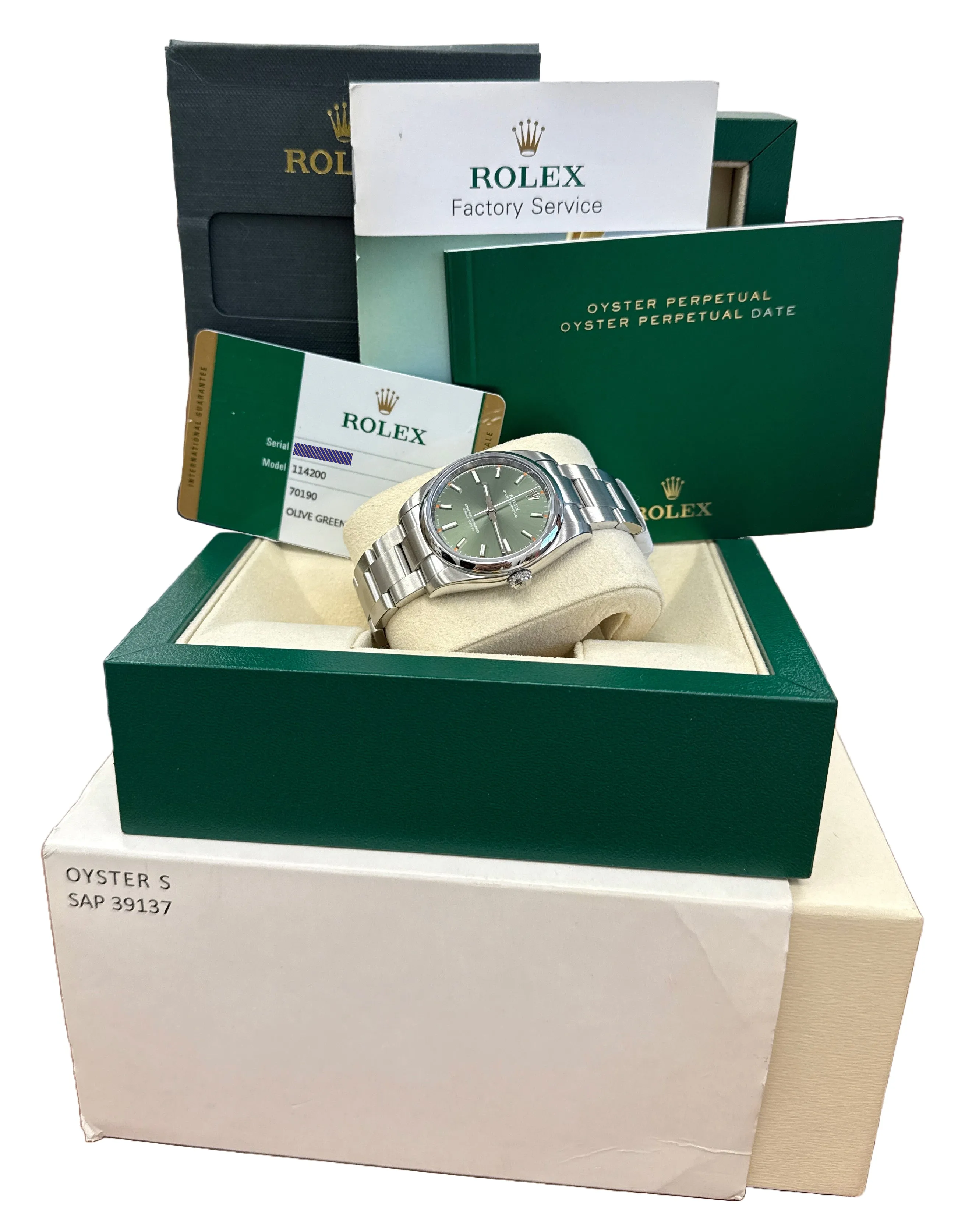 MINT PAPERS Rolex Oyster Perpetual OLIVE GREEN Stainless Steel 34mm 114200 BOX