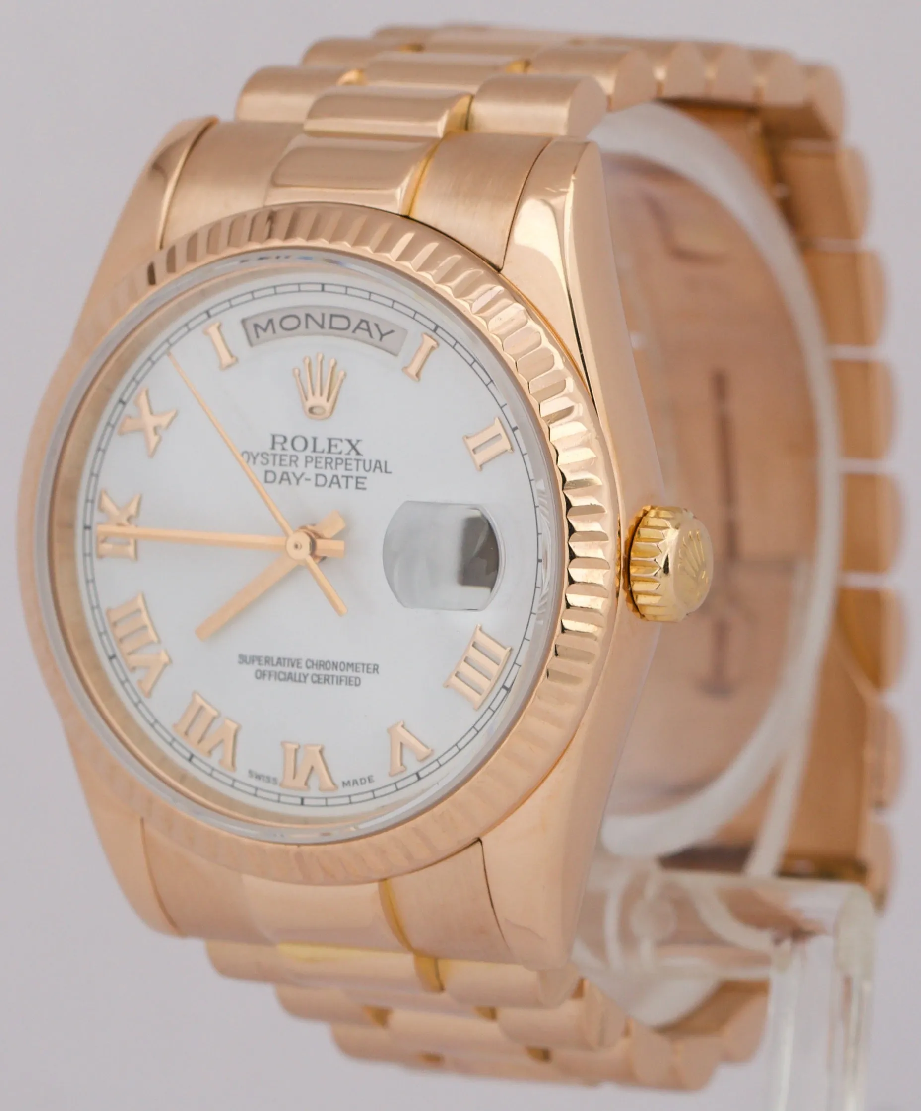 MINT Rolex Day-Date President WHITE ROMAN 18k Rose Gold Fluted 36mm 118235 Watch