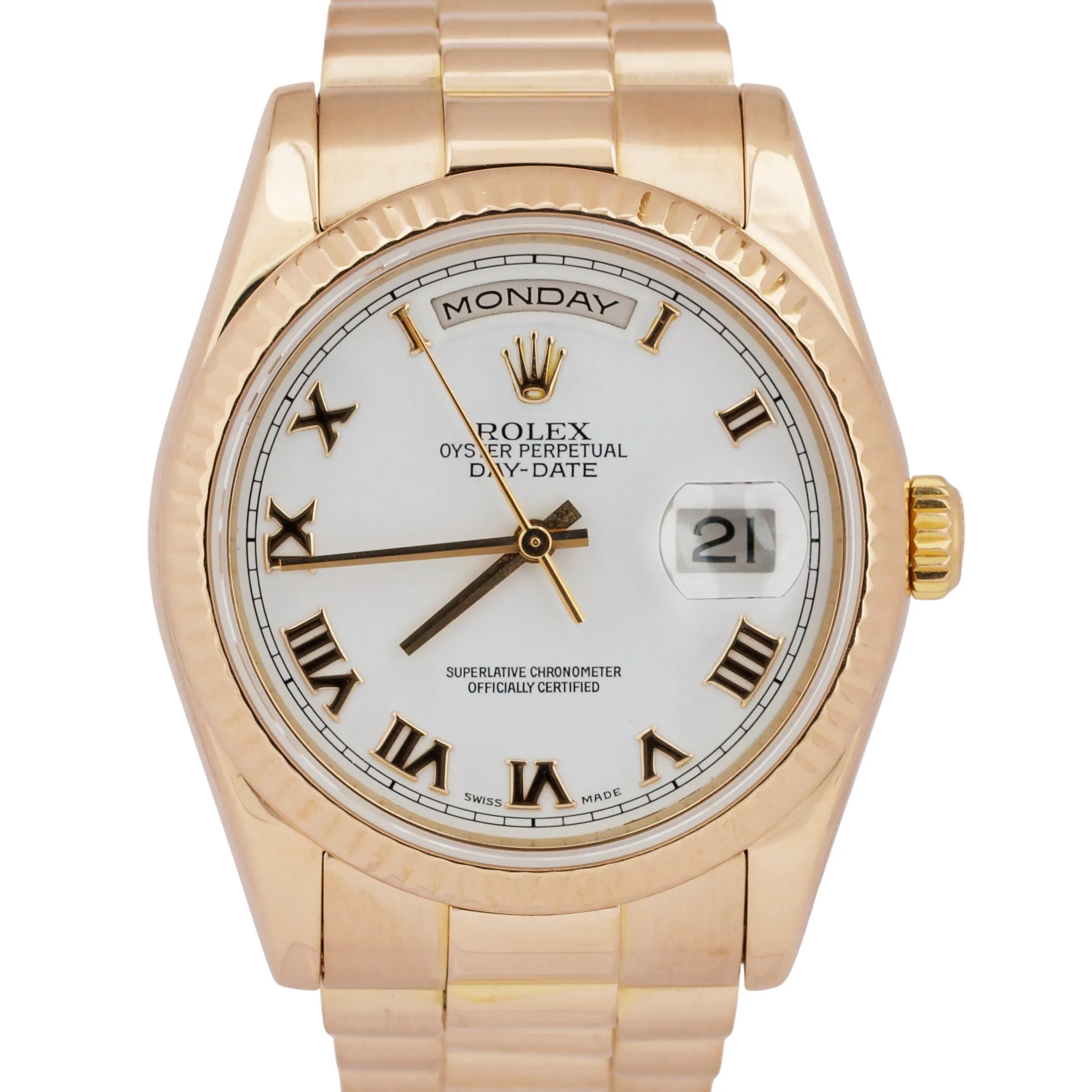 MINT Rolex Day-Date President WHITE ROMAN 18k Rose Gold Fluted 36mm 118235 Watch