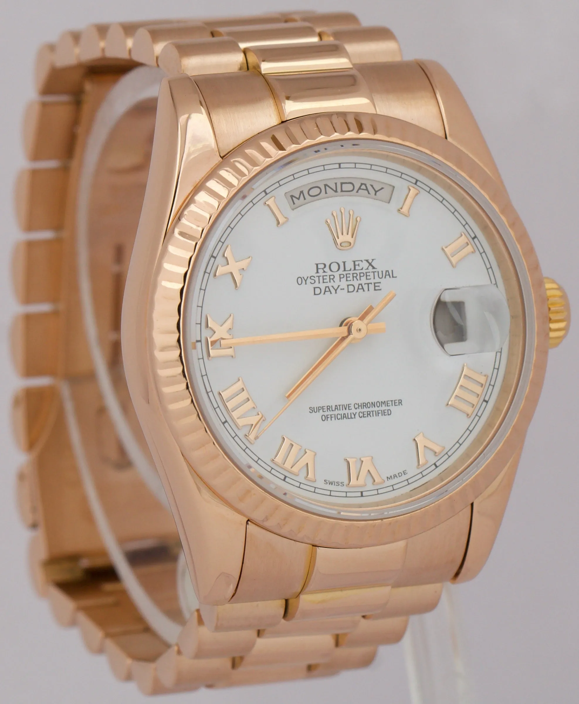 MINT Rolex Day-Date President WHITE ROMAN 18k Rose Gold Fluted 36mm 118235 Watch