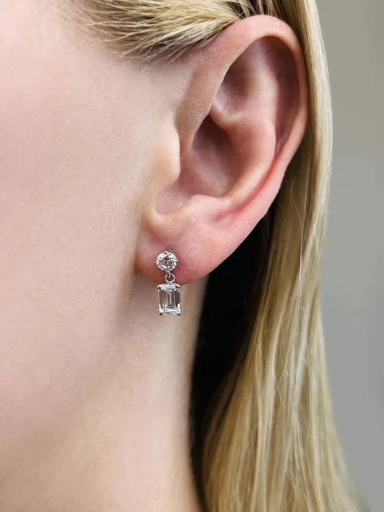 Modern Twist Emerald Cut Drop Lab-Grown Diamond Earrings with 2.07 ct.(finished) 6.5x4.5mm, 4.25mm