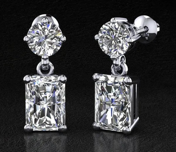 Modern Twist Emerald Cut Drop Lab-Grown Diamond Earrings with 2.07 ct.(finished) 6.5x4.5mm, 4.25mm