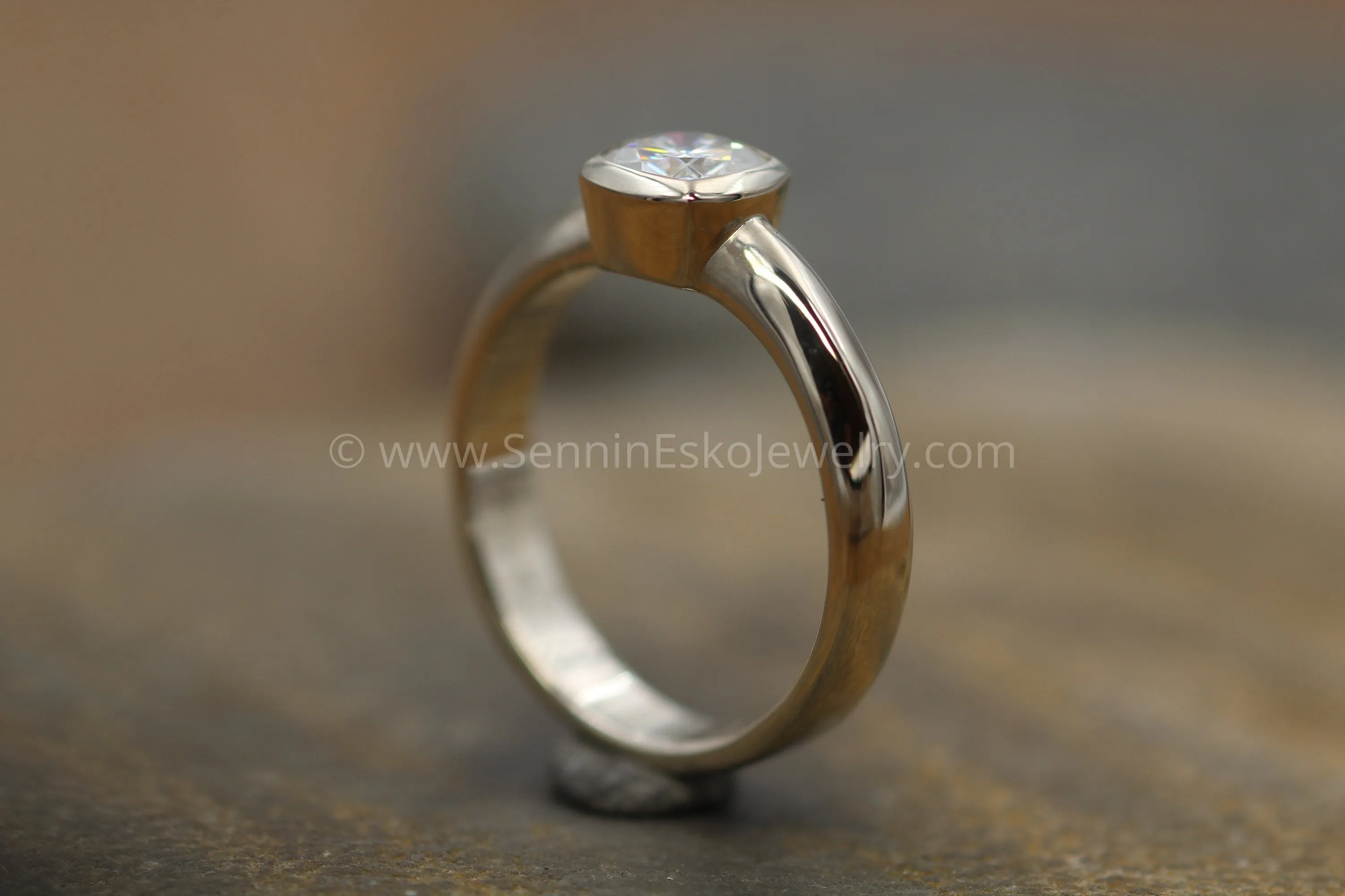 Moissanite Cushion Cut Bezel Wide Band White Gold Solitaire Ring - 5.5x5.5mm Forever One