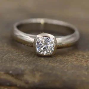 Moissanite Cushion Cut Bezel Wide Band White Gold Solitaire Ring - 5.5x5.5mm Forever One