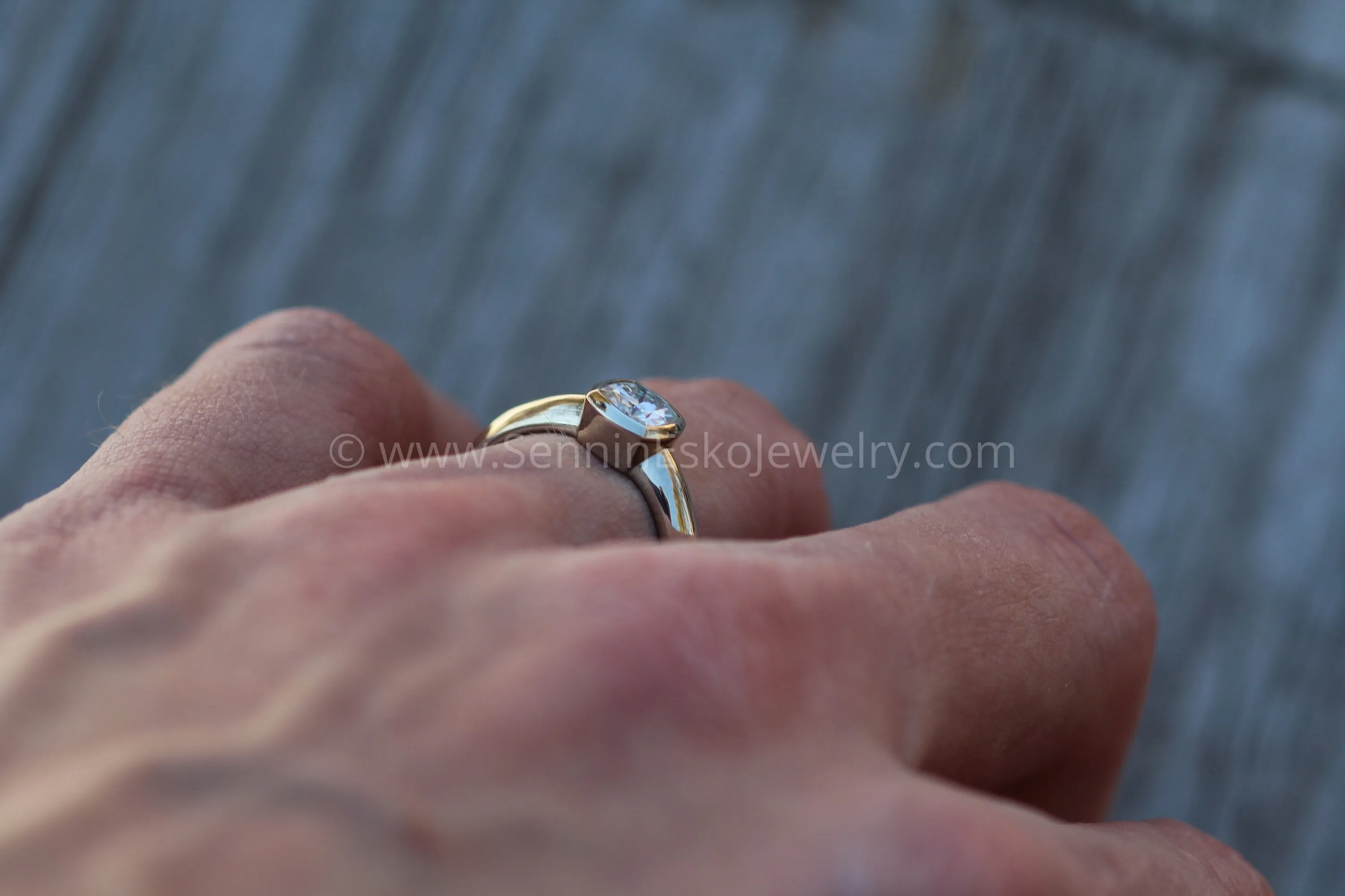 Moissanite Cushion Cut Bezel Wide Band White Gold Solitaire Ring - 5.5x5.5mm Forever One