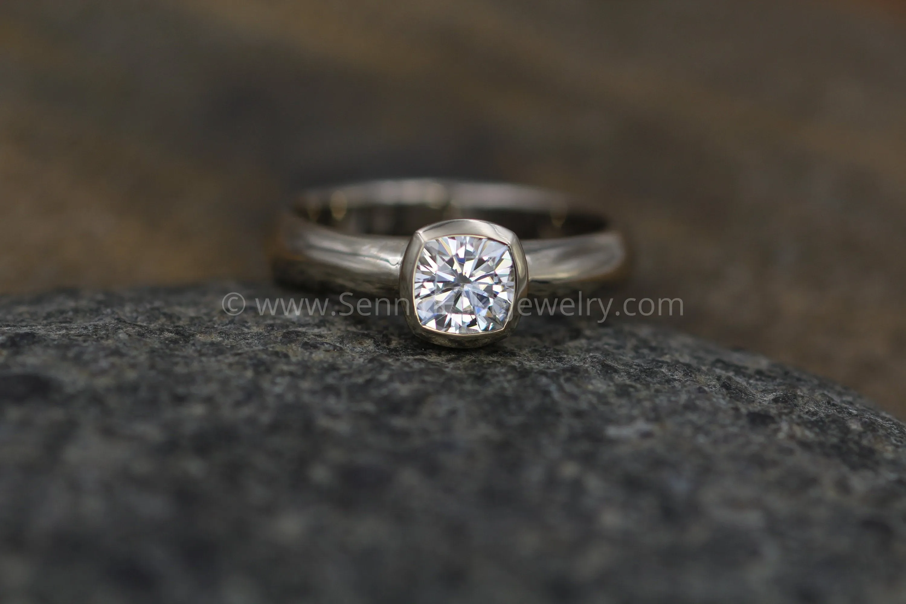 Moissanite Cushion Cut Bezel Wide Band White Gold Solitaire Ring - 5.5x5.5mm Forever One