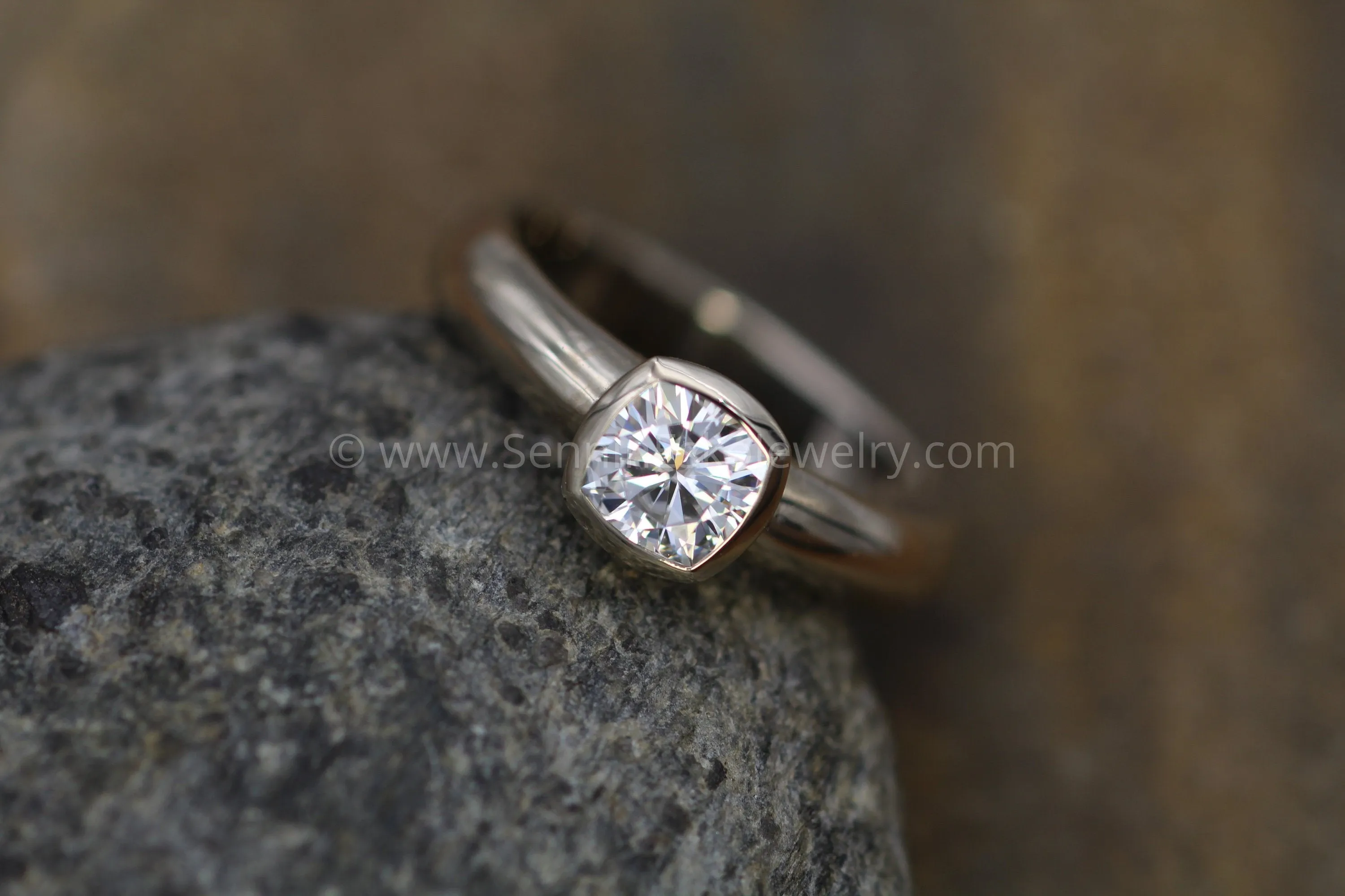 Moissanite Cushion Cut Bezel Wide Band White Gold Solitaire Ring - 5.5x5.5mm Forever One