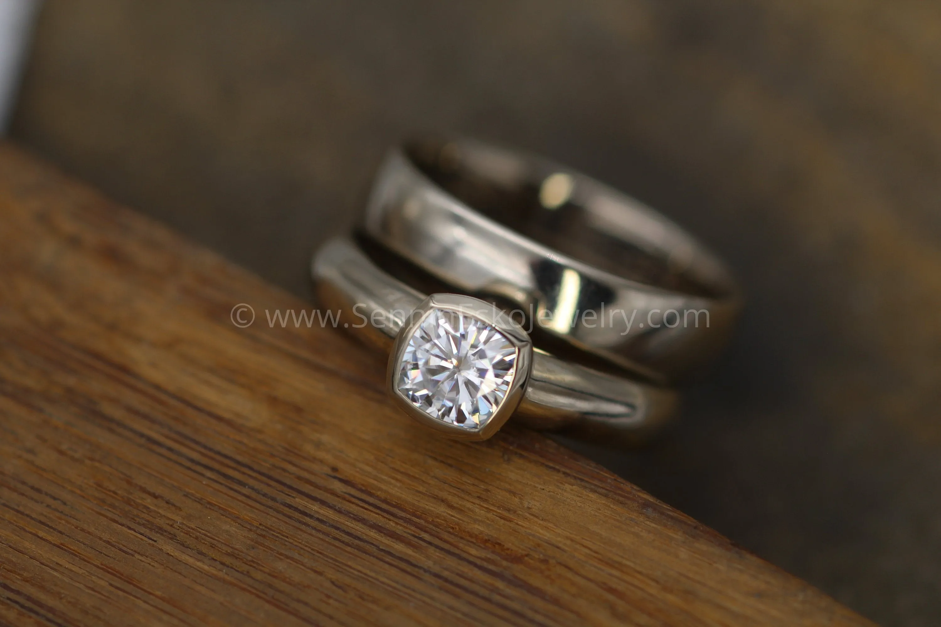 Moissanite Cushion Cut Bezel Wide Band White Gold Solitaire Ring - 5.5x5.5mm Forever One