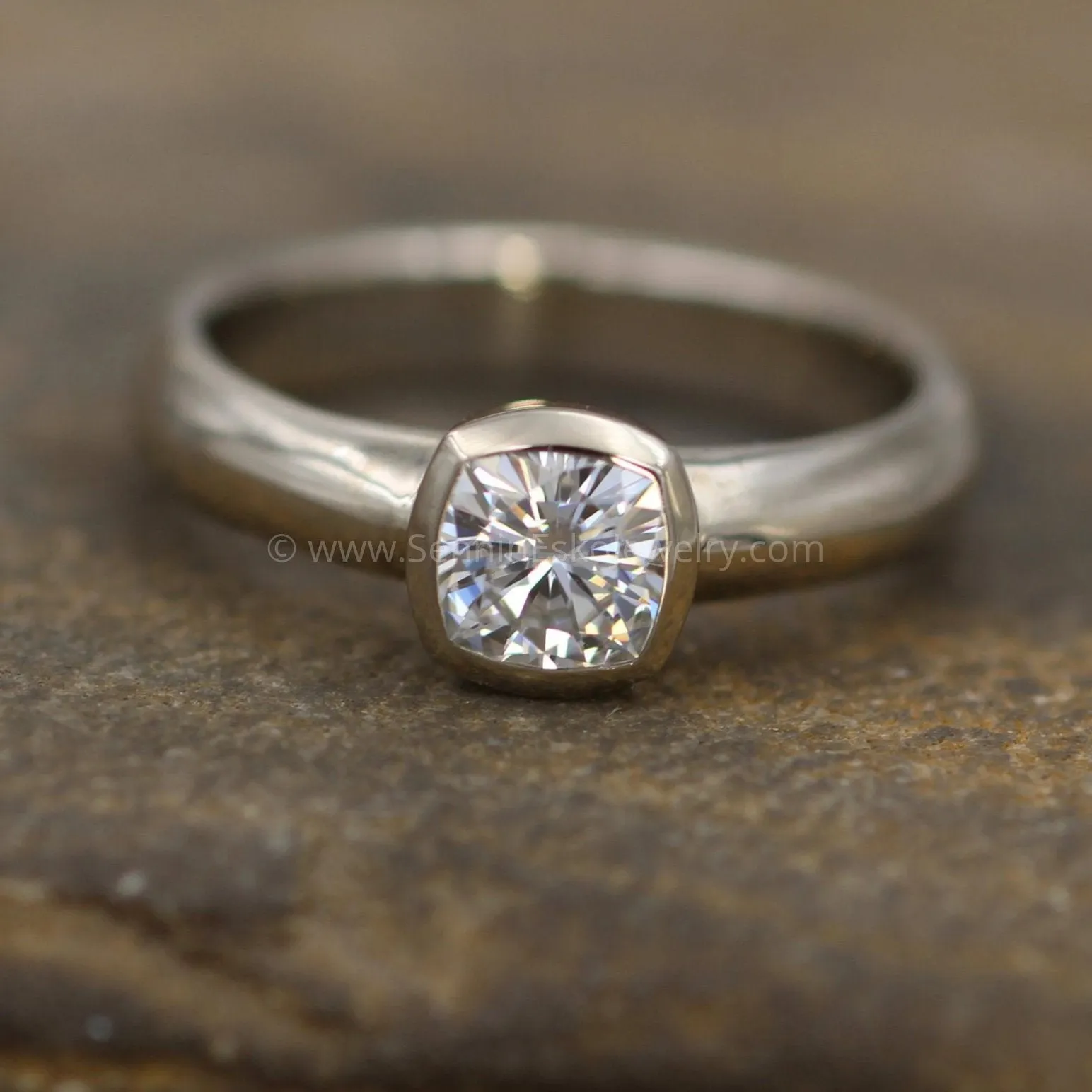 Moissanite Cushion Cut Bezel Wide Band White Gold Solitaire Ring - 5.5x5.5mm Forever One