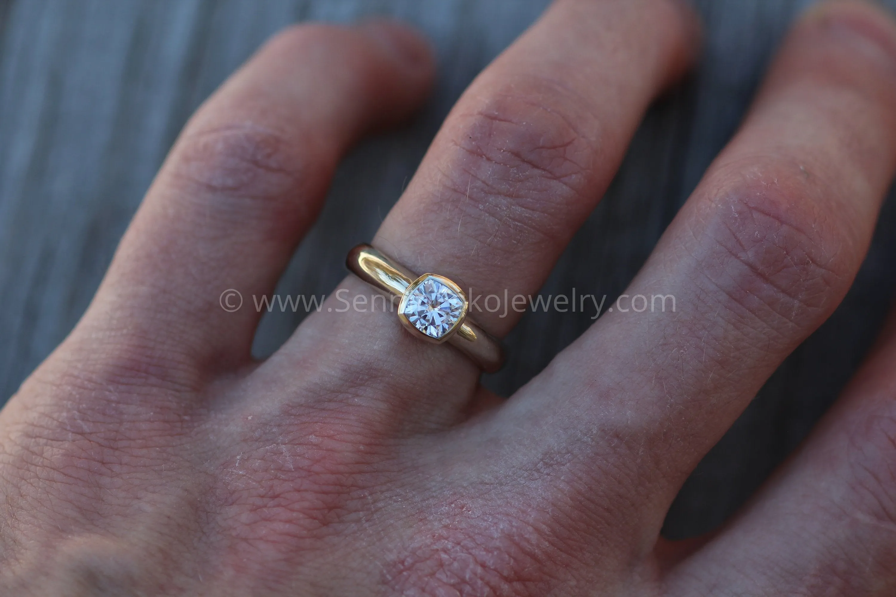 Moissanite Cushion Cut Bezel Wide Band White Gold Solitaire Ring - 5.5x5.5mm Forever One