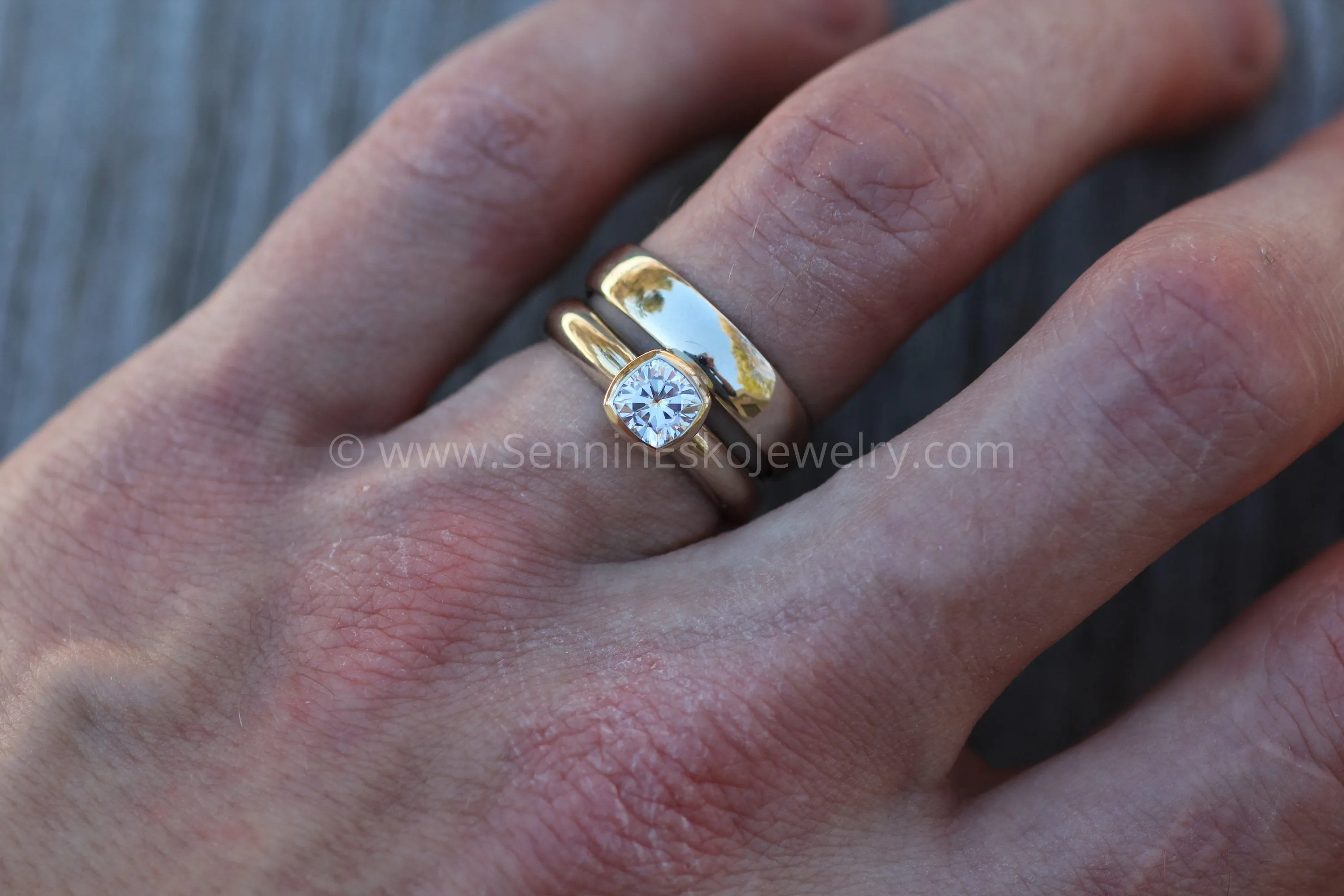 Moissanite Cushion Cut Bezel Wide Band White Gold Solitaire Ring - 5.5x5.5mm Forever One