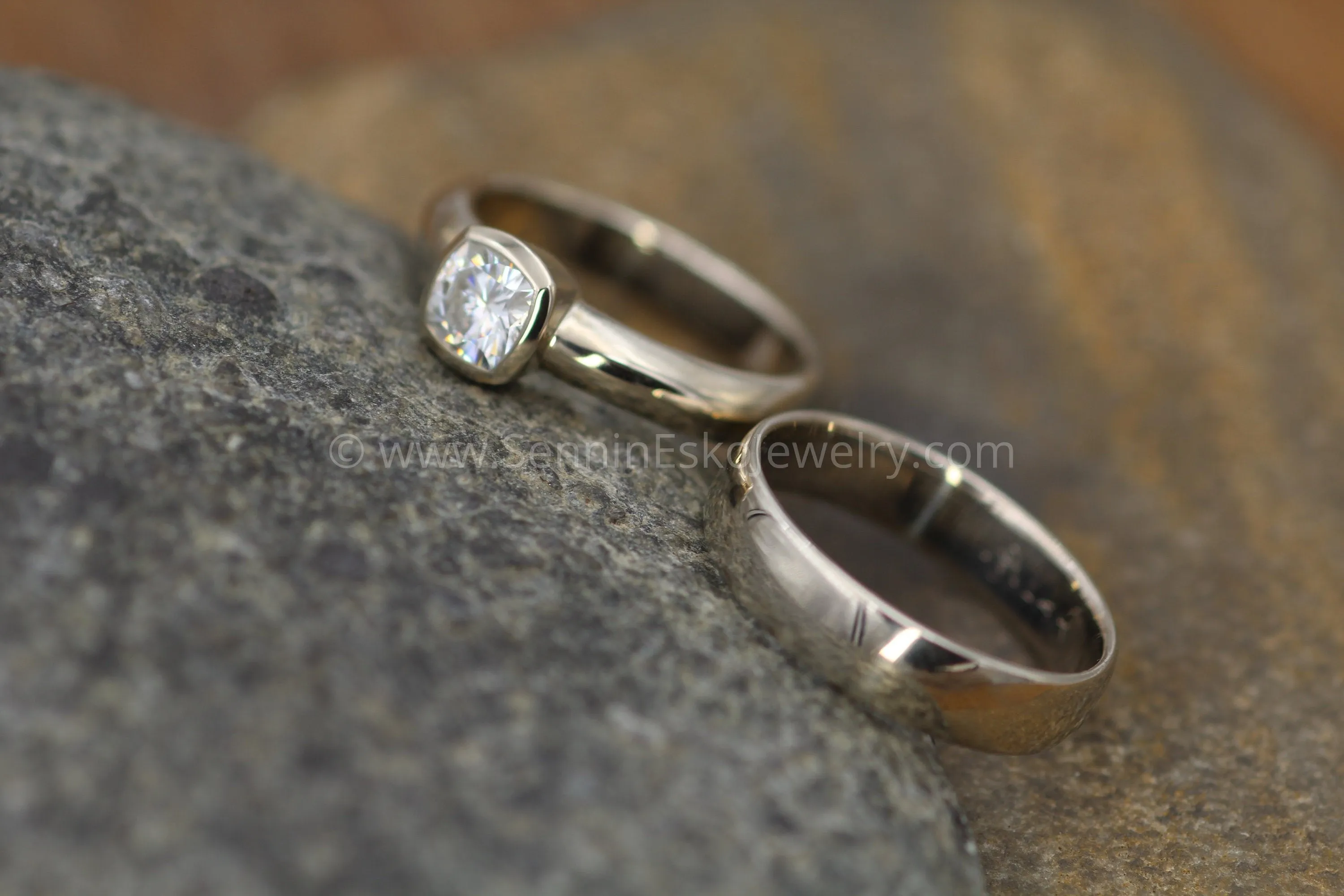 Moissanite Cushion Cut Bezel Wide Band White Gold Solitaire Ring - 5.5x5.5mm Forever One