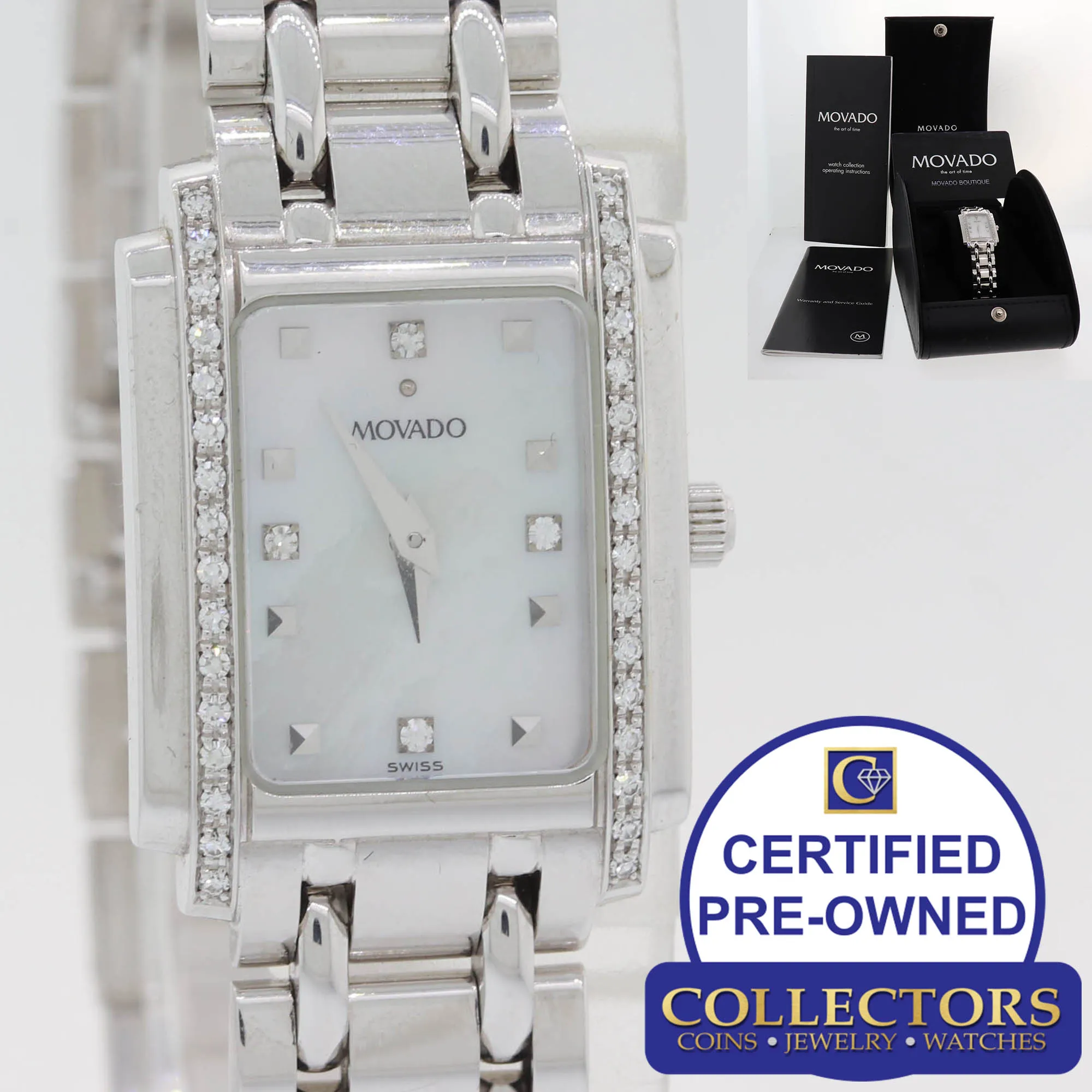 Movado Sika 66-25-0640 14k White Gold 19mm Quartz MOP Diamond Watch Papers S8