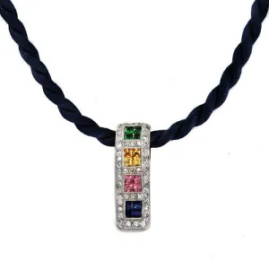 Multicolor Gems & Diamond Pendant In 18k White Gold and Swirl Chord Necklace