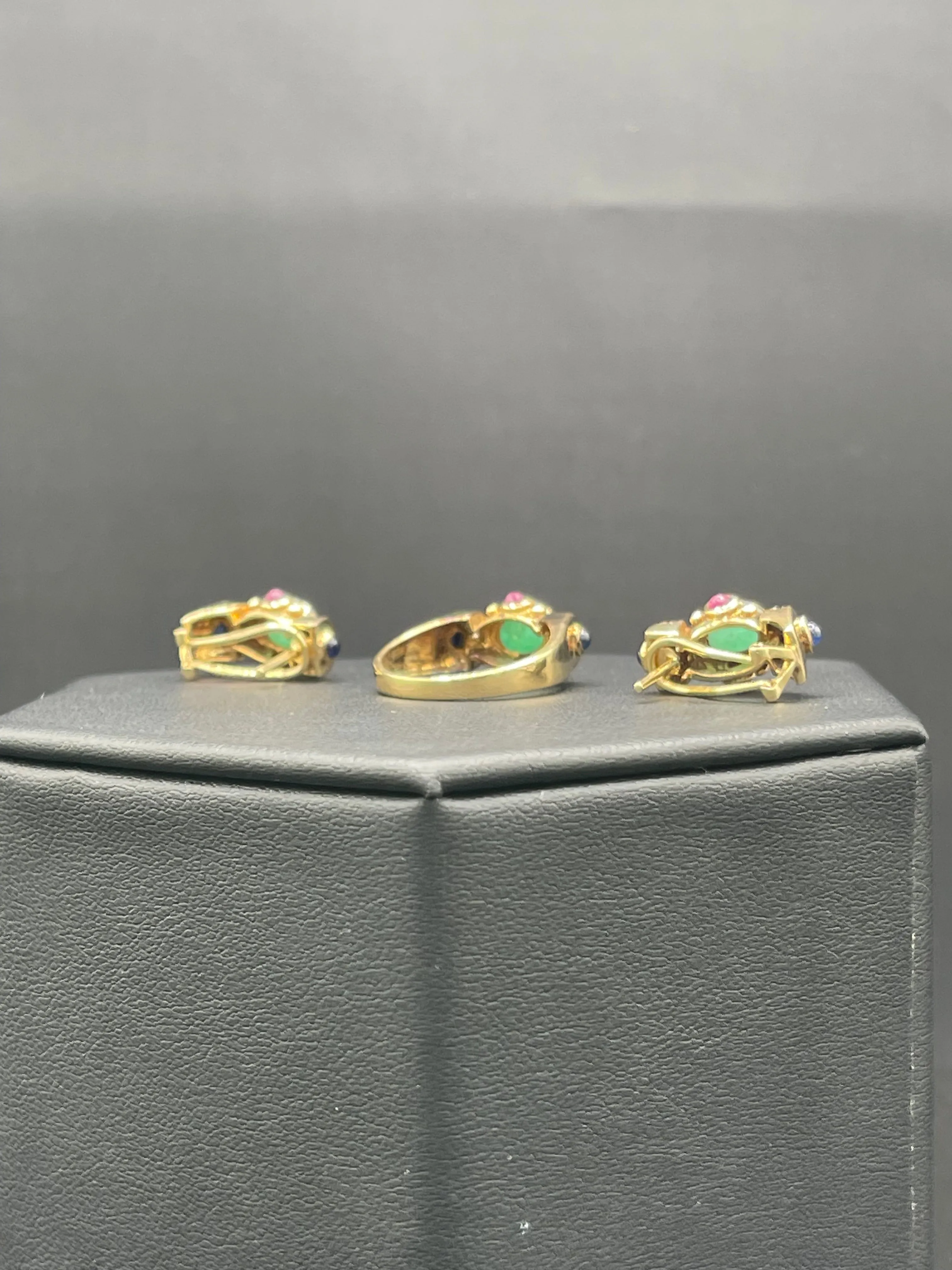 Natural Emerald Ruby Sapphire & Diamond Ring   Earring 14k Yellow Gold Jewelry Set