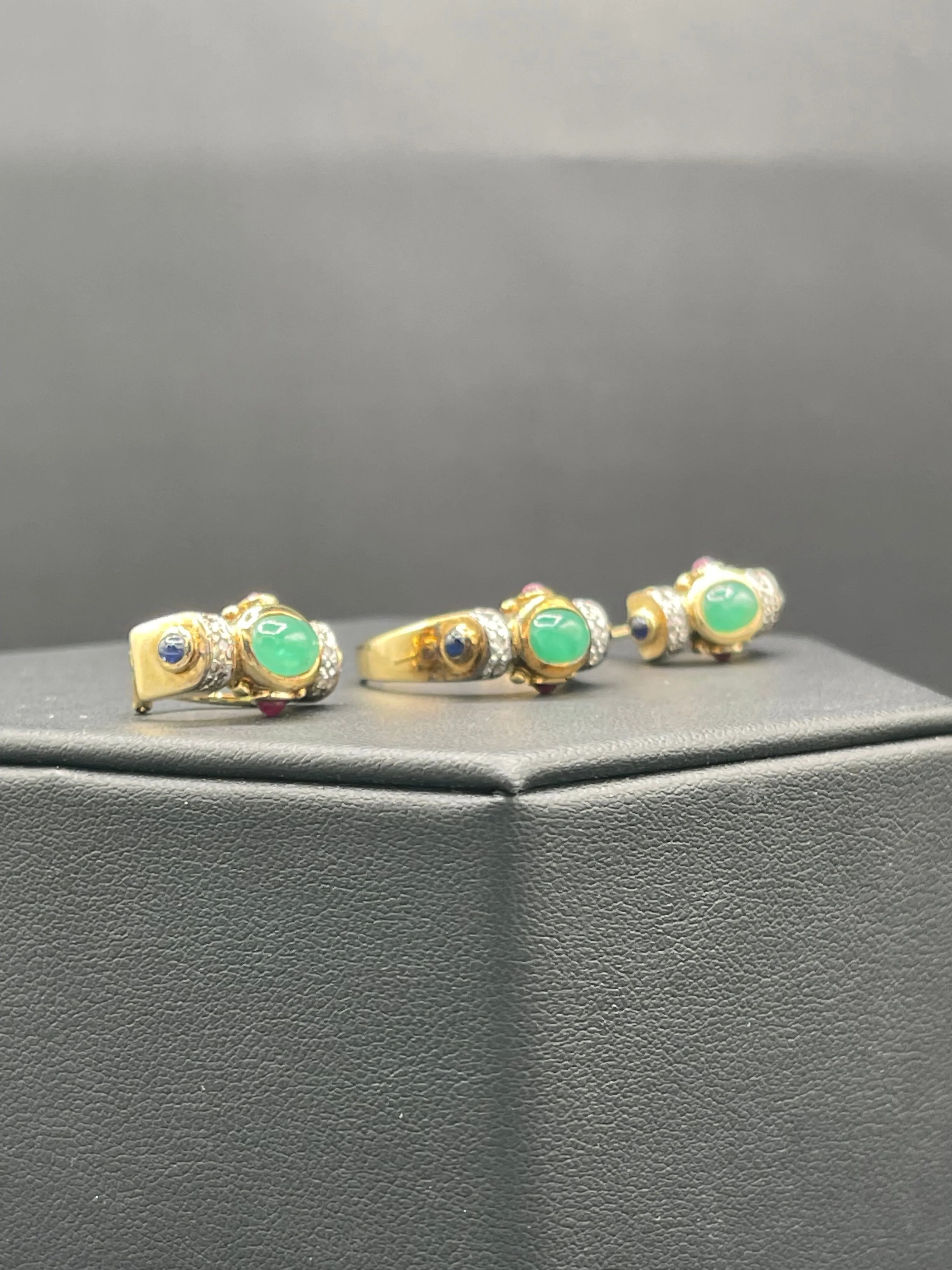Natural Emerald Ruby Sapphire & Diamond Ring   Earring 14k Yellow Gold Jewelry Set