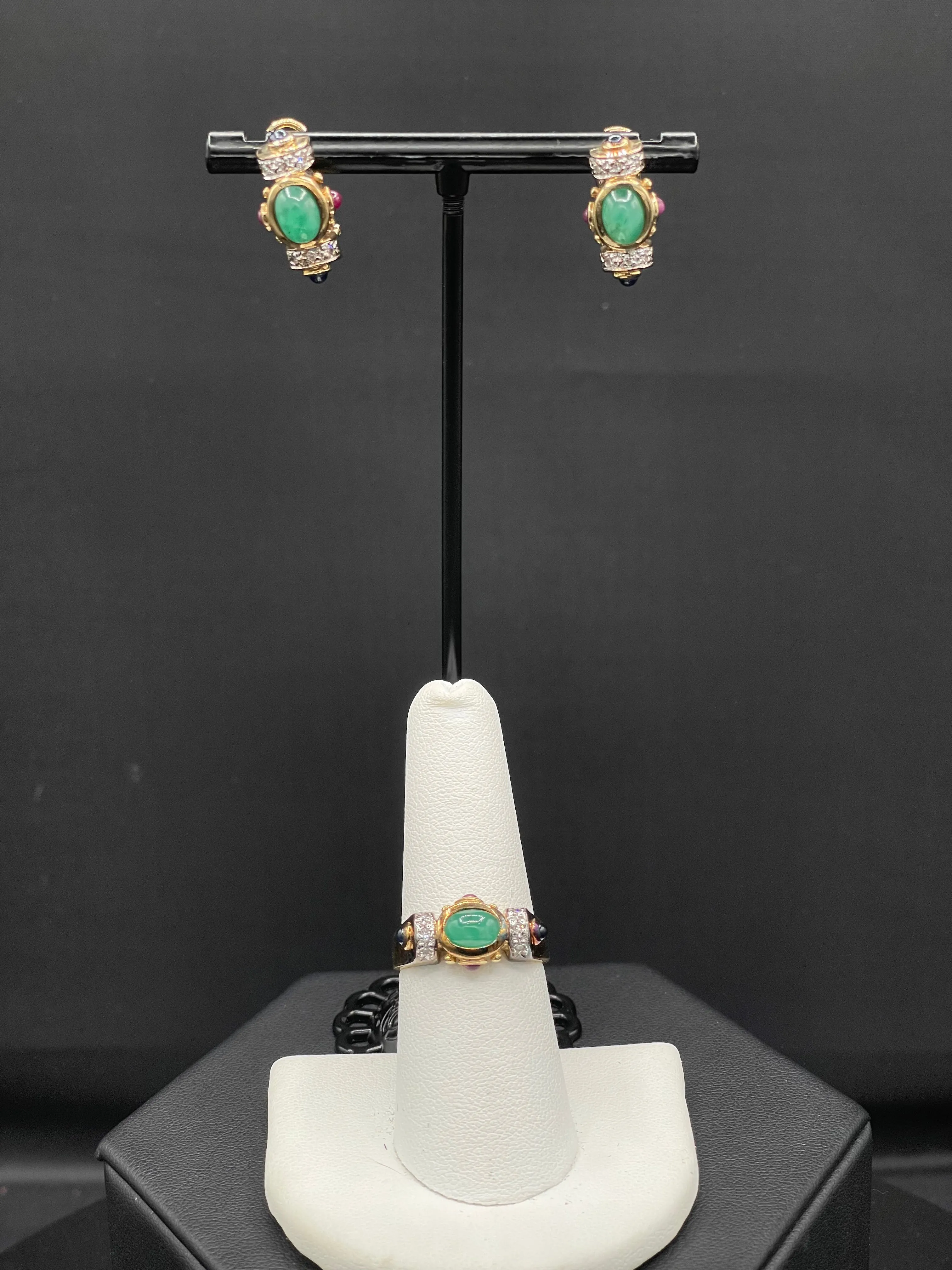 Natural Emerald Ruby Sapphire & Diamond Ring   Earring 14k Yellow Gold Jewelry Set
