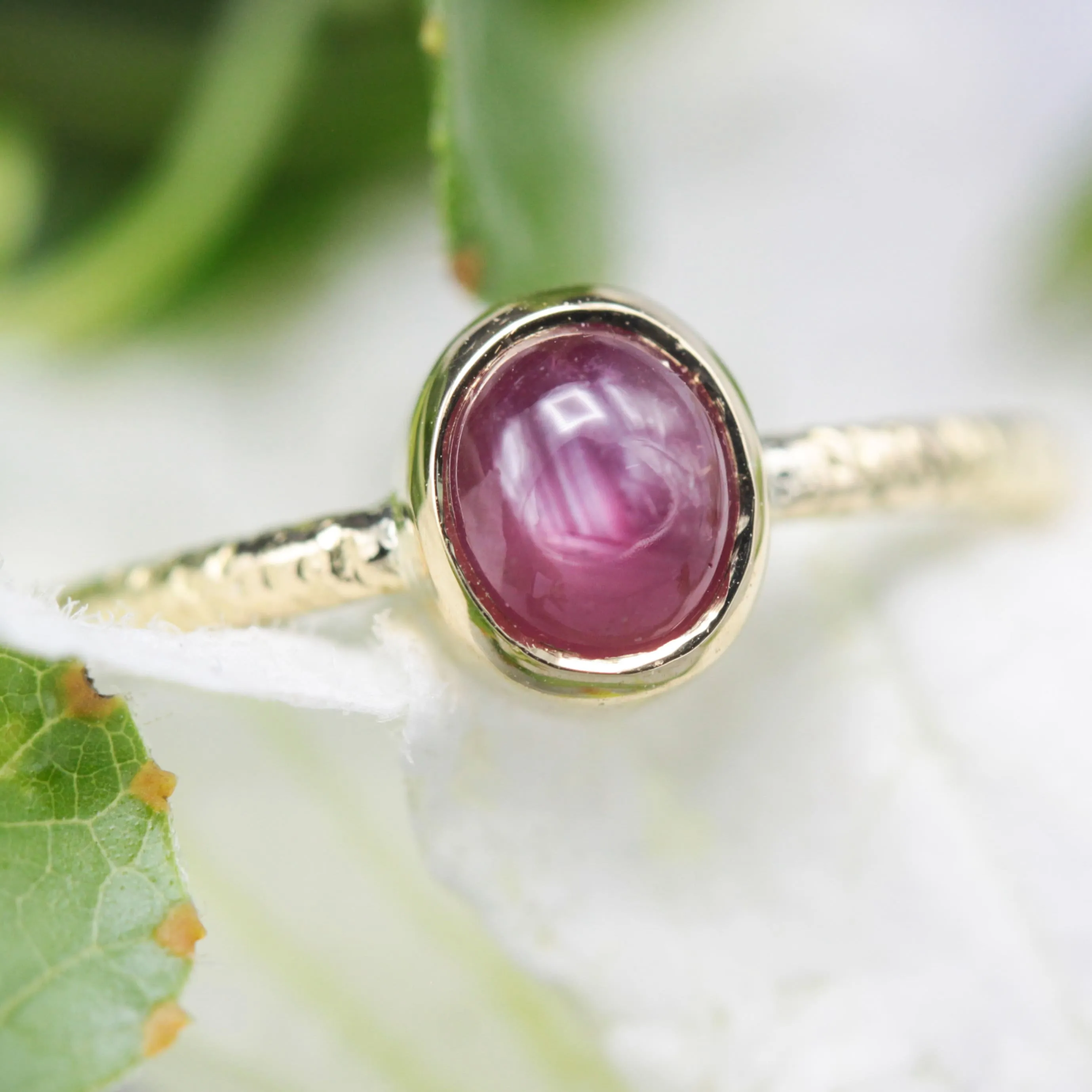 Natural star ruby ring in bezel settings with 18k gold texture band