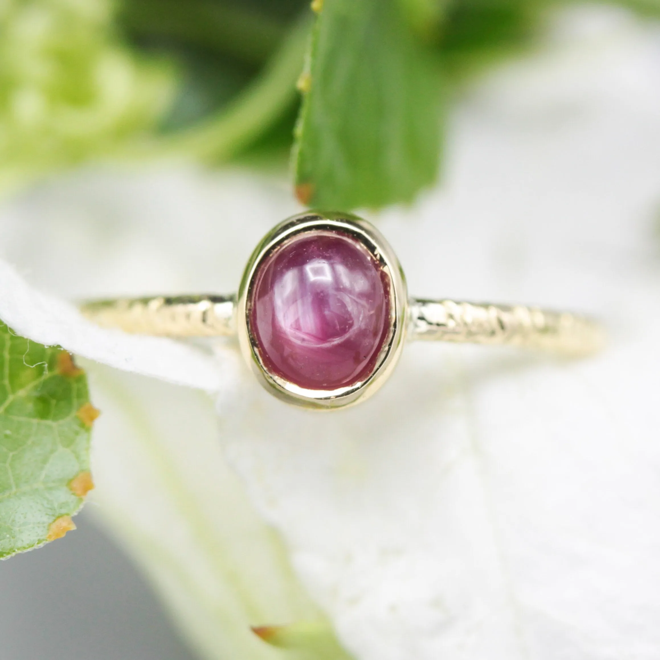 Natural star ruby ring in bezel settings with 18k gold texture band