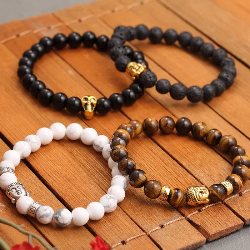 New Fashion Men's Bracelet Gold Silver Buddha skull Elastic Black Color Beaded Tibet Charm Lucky bracelets for women