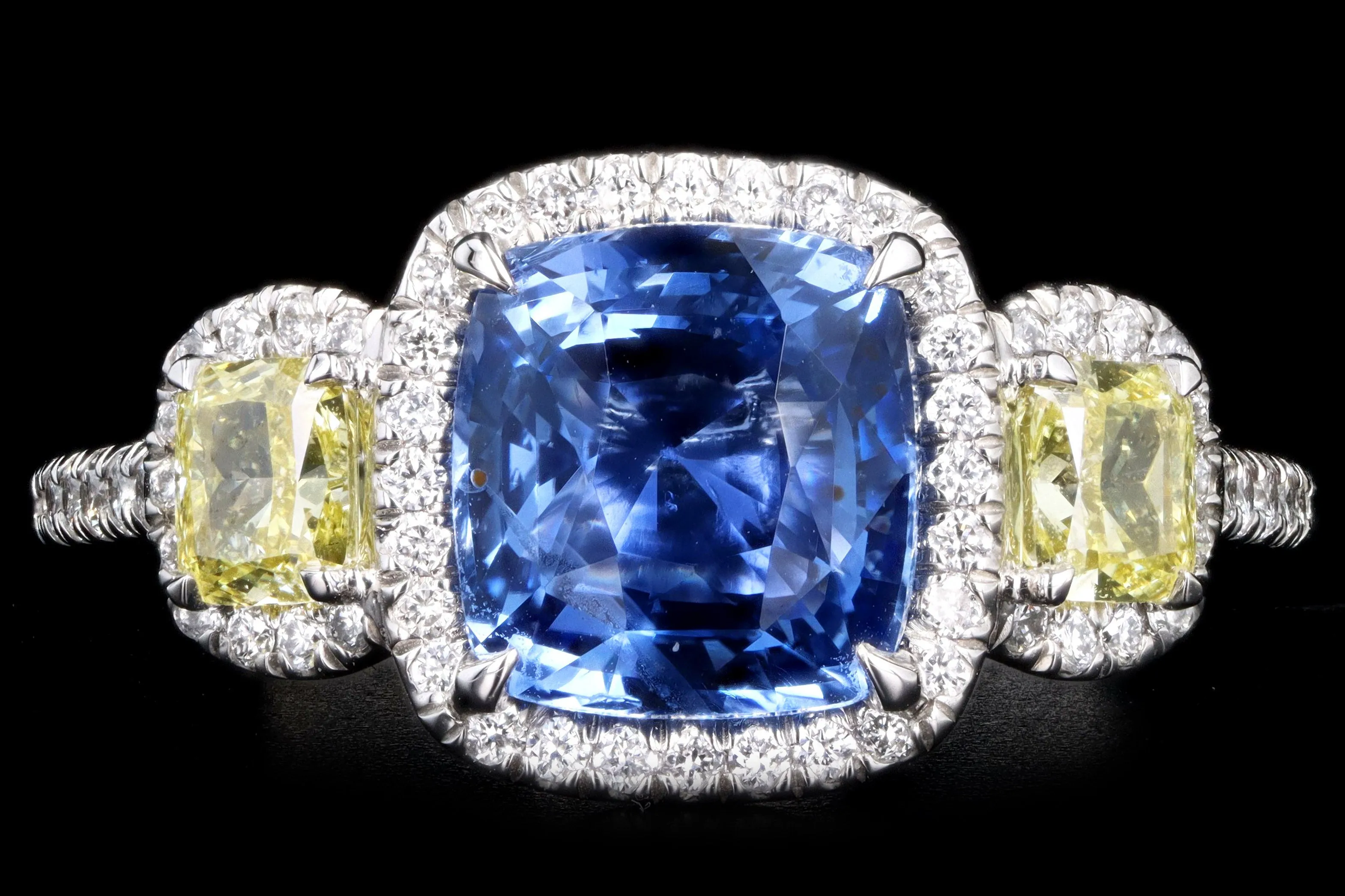 New Platinum 3.15 Carat Cushion Cut Natural No Heat Ceylon Sapphire & Yellow Diamond Ring