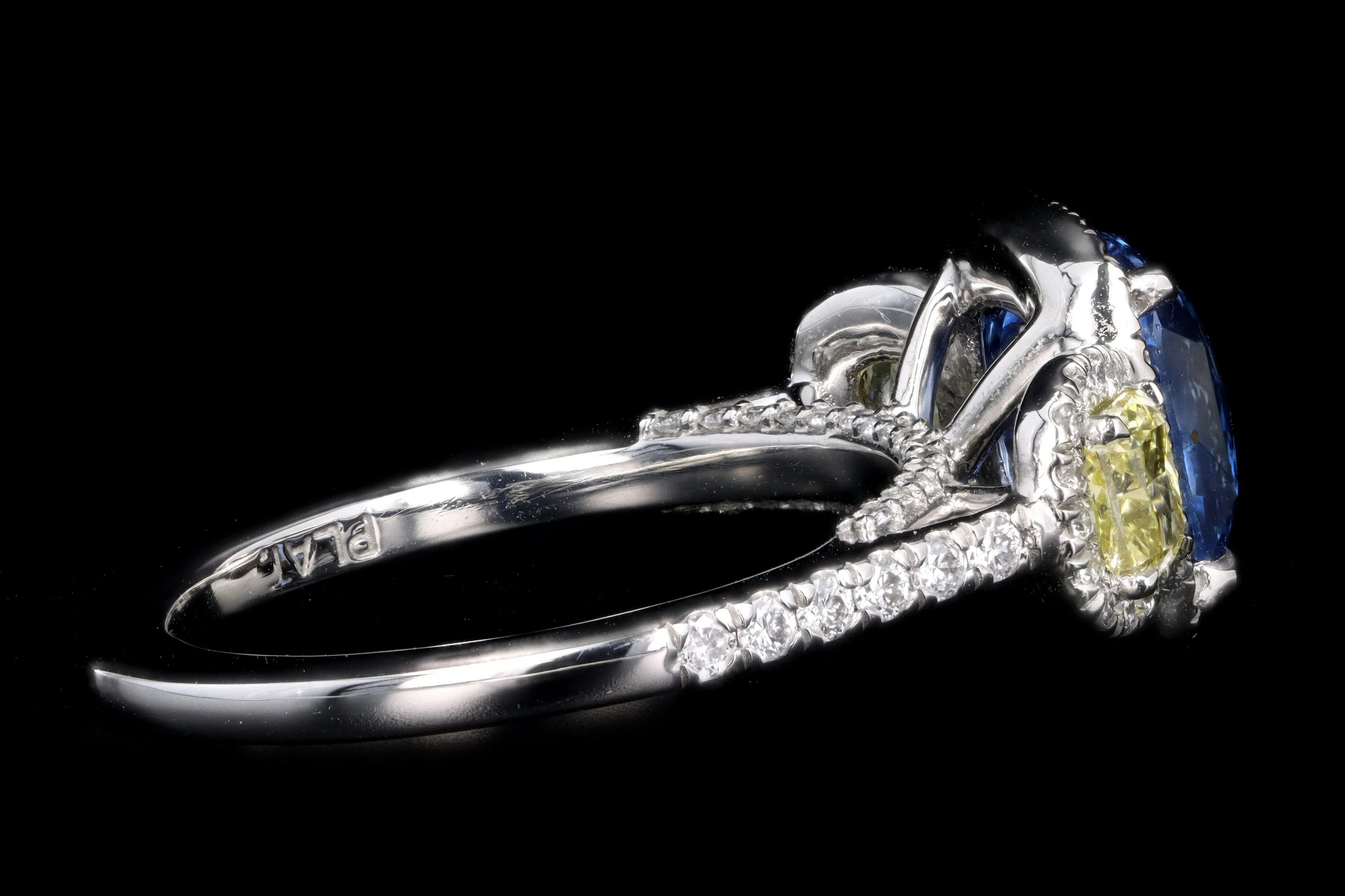 New Platinum 3.15 Carat Cushion Cut Natural No Heat Ceylon Sapphire & Yellow Diamond Ring