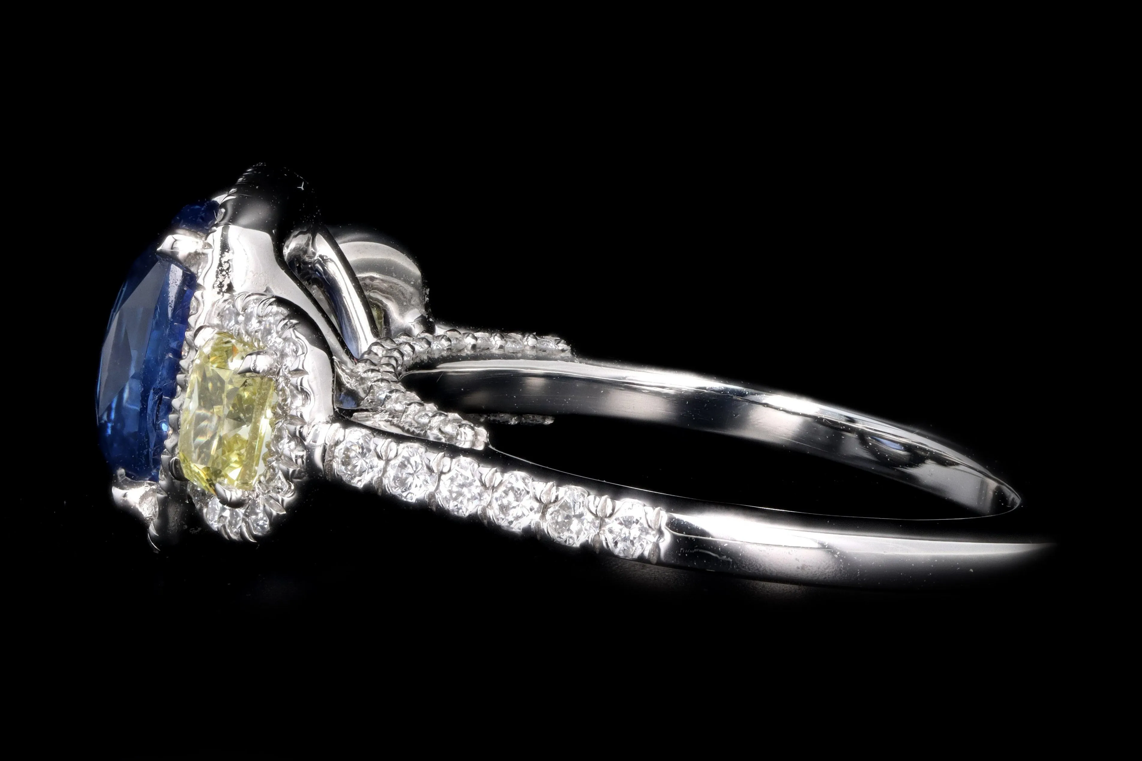 New Platinum 3.15 Carat Cushion Cut Natural No Heat Ceylon Sapphire & Yellow Diamond Ring
