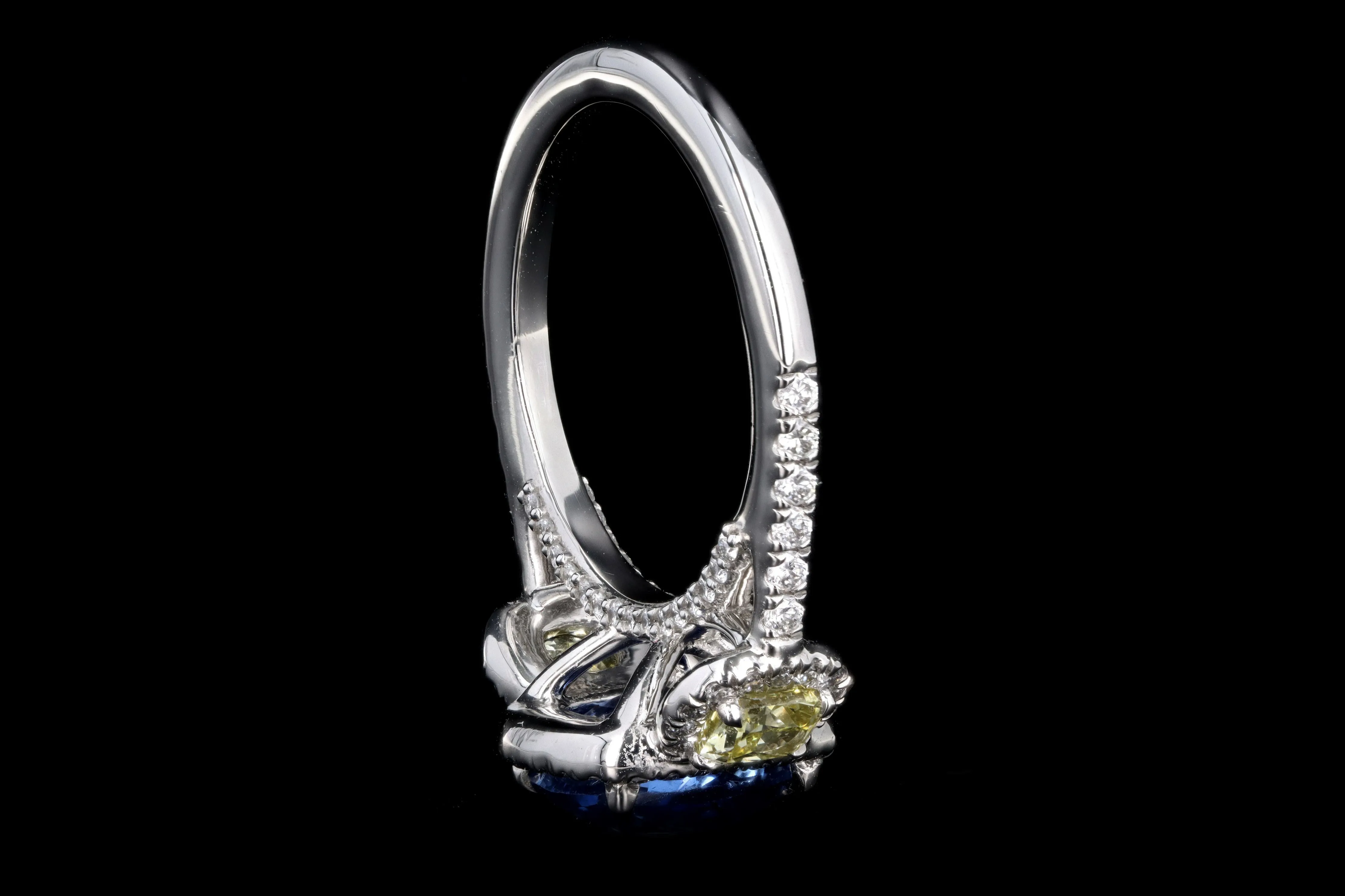 New Platinum 3.15 Carat Cushion Cut Natural No Heat Ceylon Sapphire & Yellow Diamond Ring