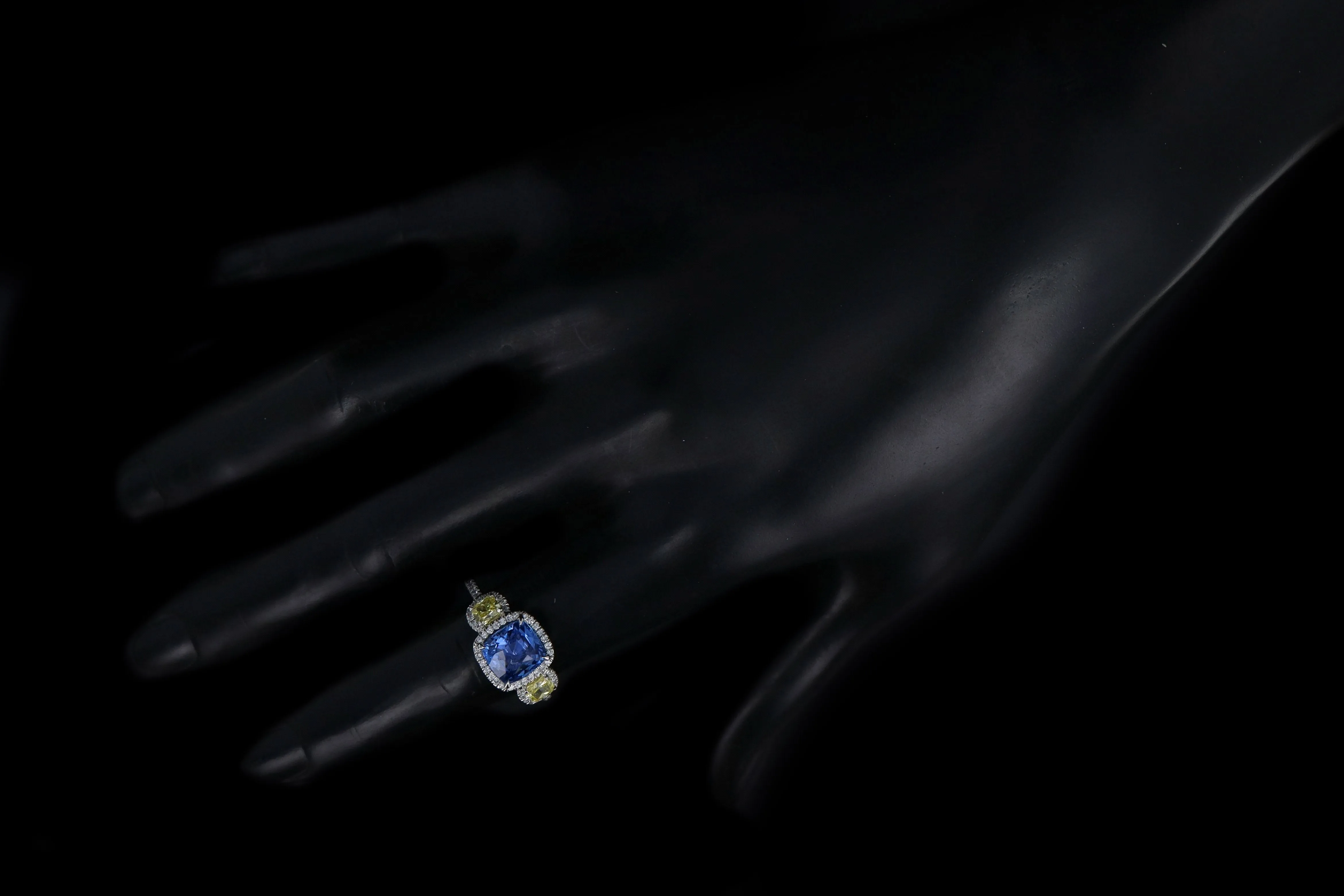 New Platinum 3.15 Carat Cushion Cut Natural No Heat Ceylon Sapphire & Yellow Diamond Ring